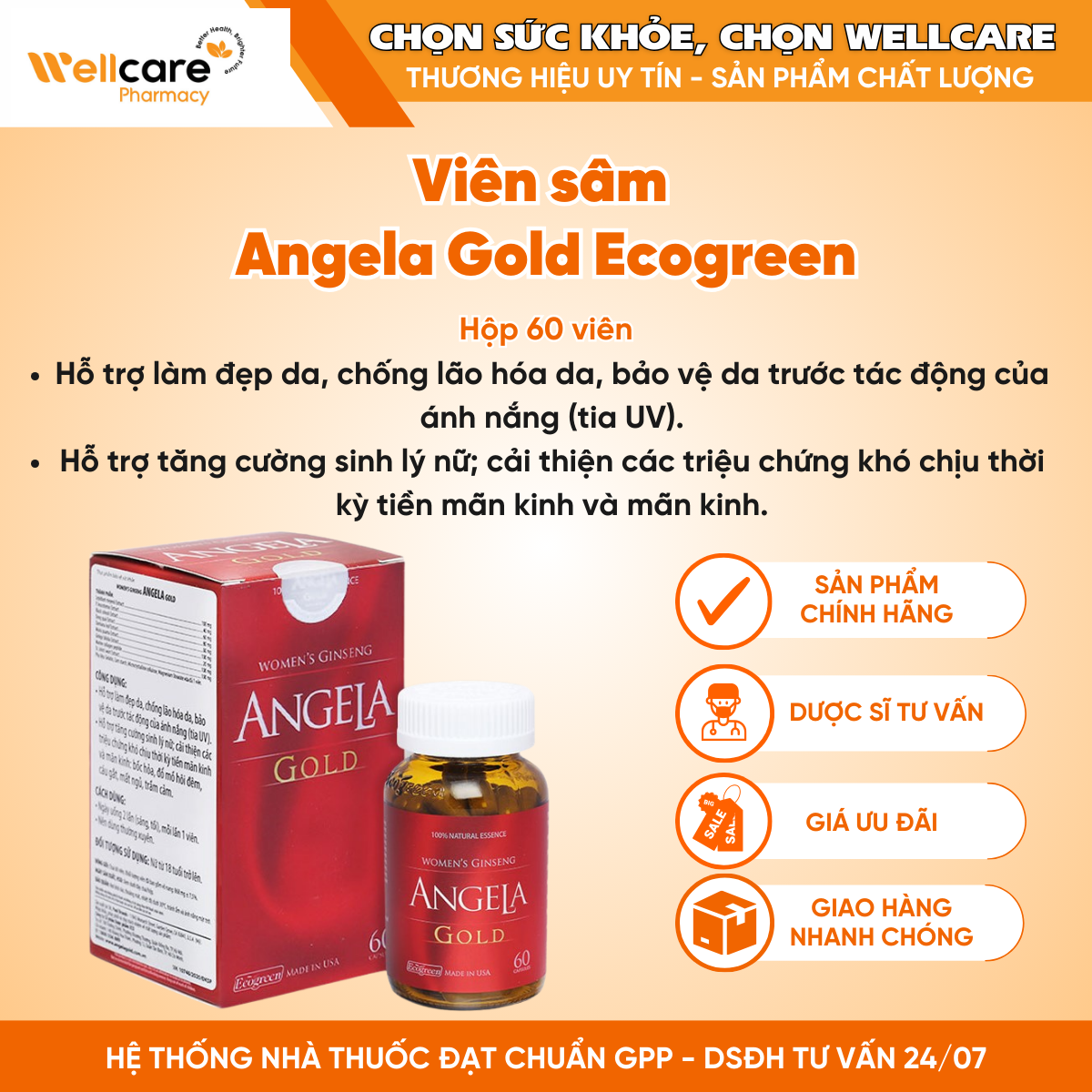 Viên sâm Angela Gold Ecogreen – Hỗ trợ làm đẹp da, tăng cường sinh lý nữ (Hộp 60 viên)