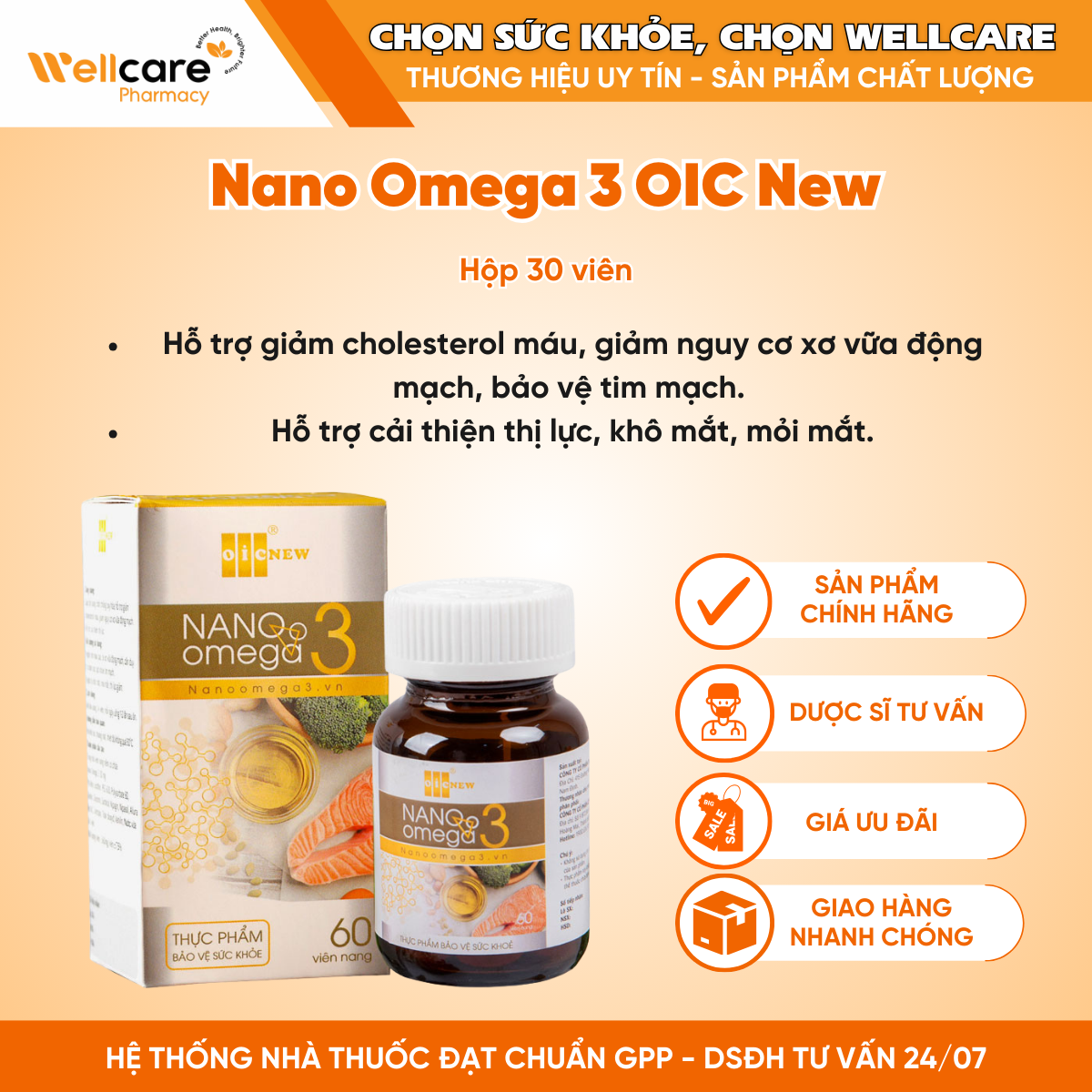 Nano Omega 3 OIC New – Hỗ trợ giảm cholesterol máu, hỗ trợ cải thiện thị lực (Hộp 30 viên)