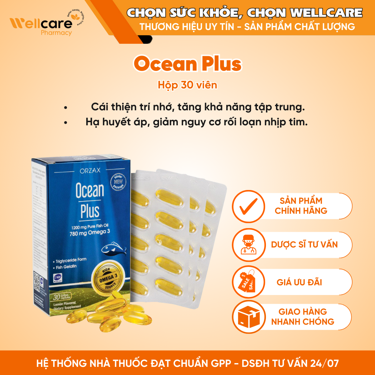 Ocean Plus – Omega viên uống hàm lượng cao DHA+EPA+ALA (Hộp 30 viên)