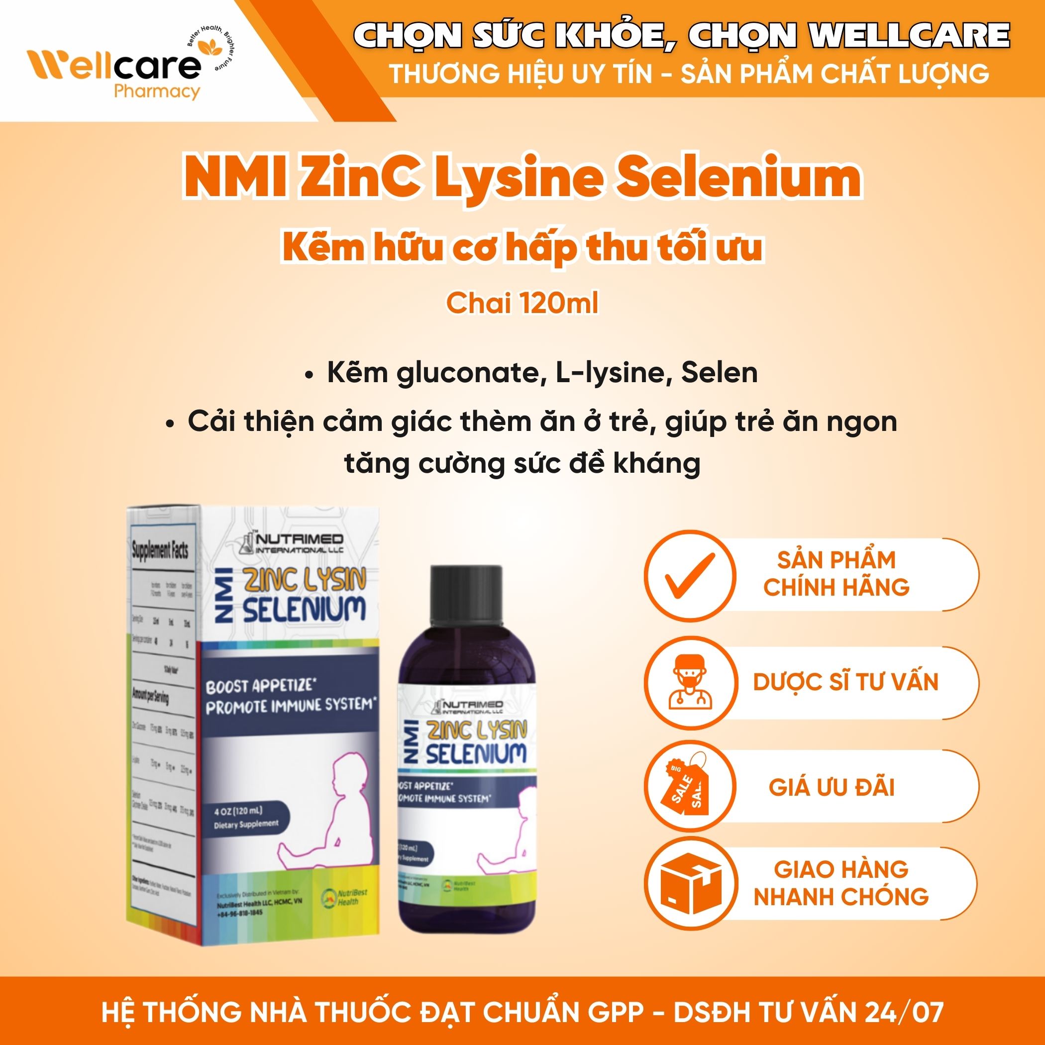 NMI ZINC LYSIN & SELENIUM – Syrup uống hỗ trợ tăng cường, giúp trẻ ăn ngon (Chai 120ml)