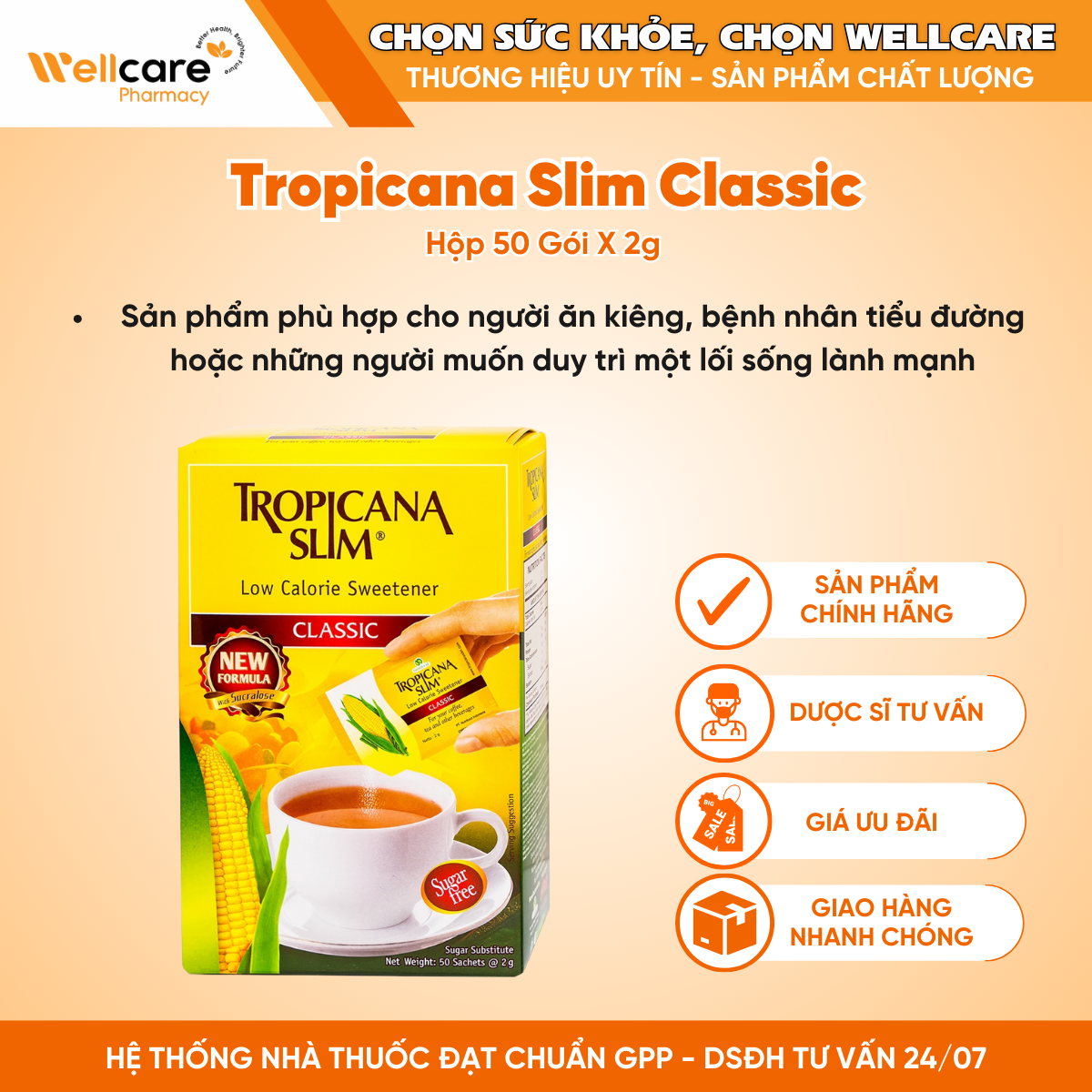 Tropicana Slim Classic đường bắp ăn kiêng cho người tiểu đường (Hộp 50 gói x 2g)