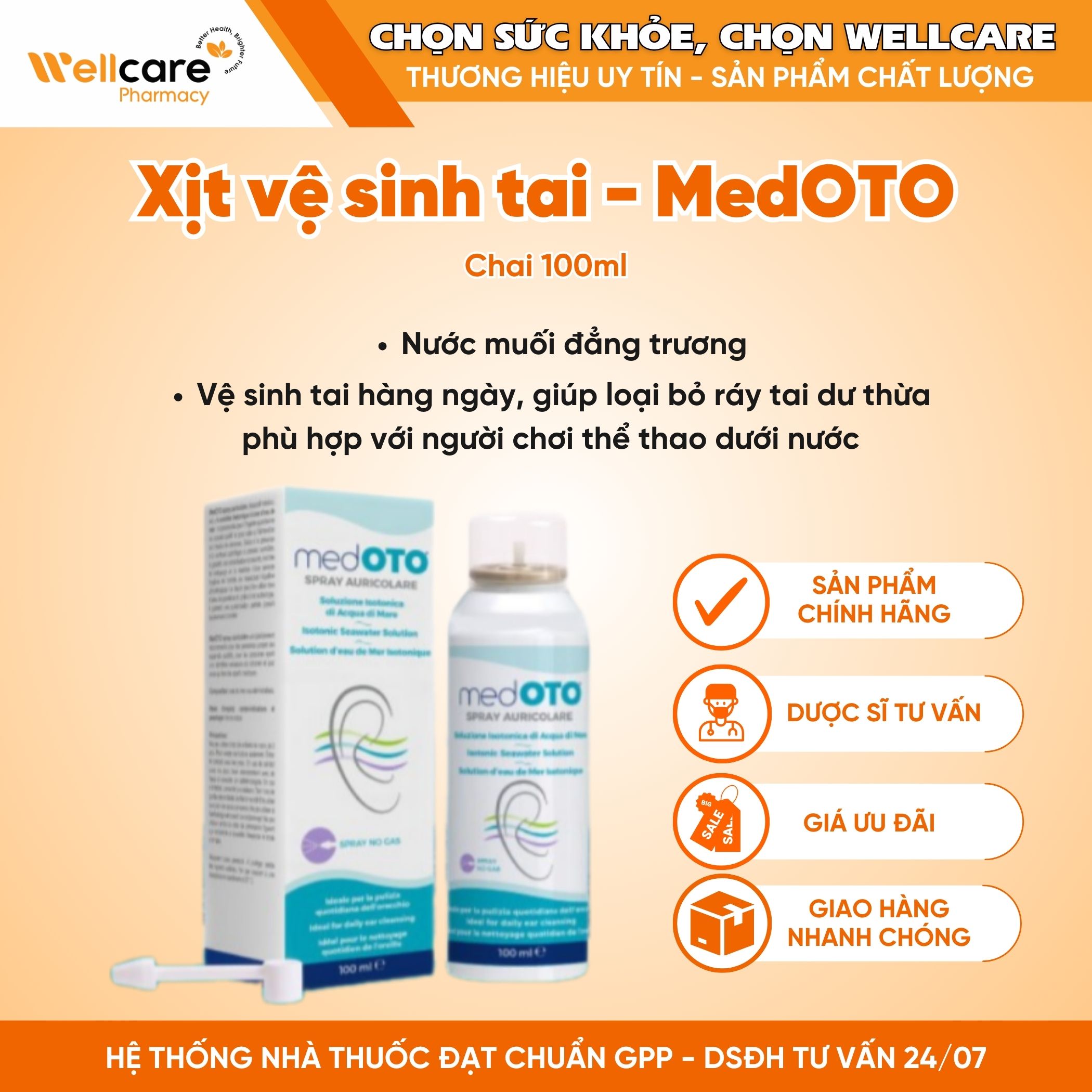 MedOTO Ear Spray – Dung dịch vệ sinh tai hàng ngày hiệu quả (Chai 100ml)