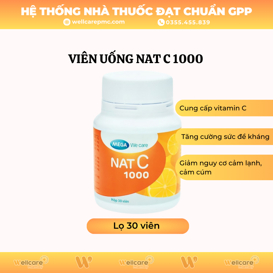 Viên uống Nat C 1000 Mega Lifesciences cung cấp vitamin C cho cơ thể (Lọ 30 viên)