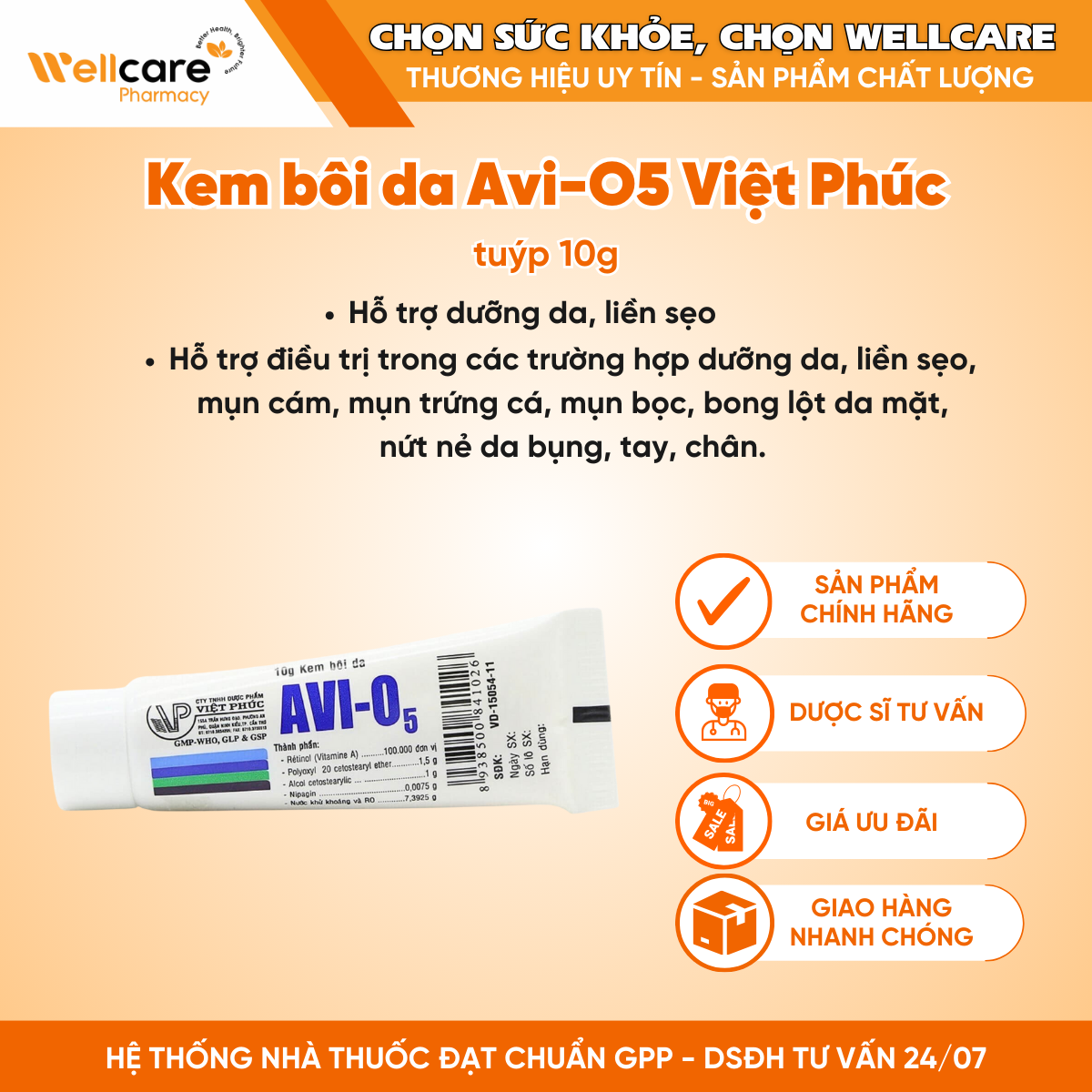 Kem bôi da Avi-O5 Việt Phúc – Hỗ trợ điều trị trong các trường hợp dưỡng da, liền sẹo (10g)