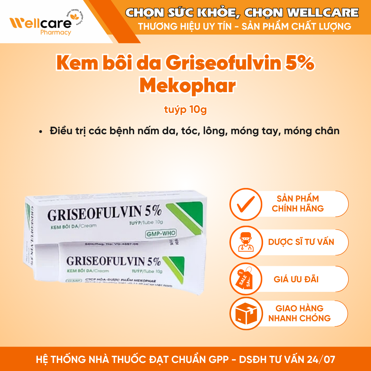 Griseofulvin cream 5% Mekophar – Điều trị nhiễm nấm ngoài da (10g)
