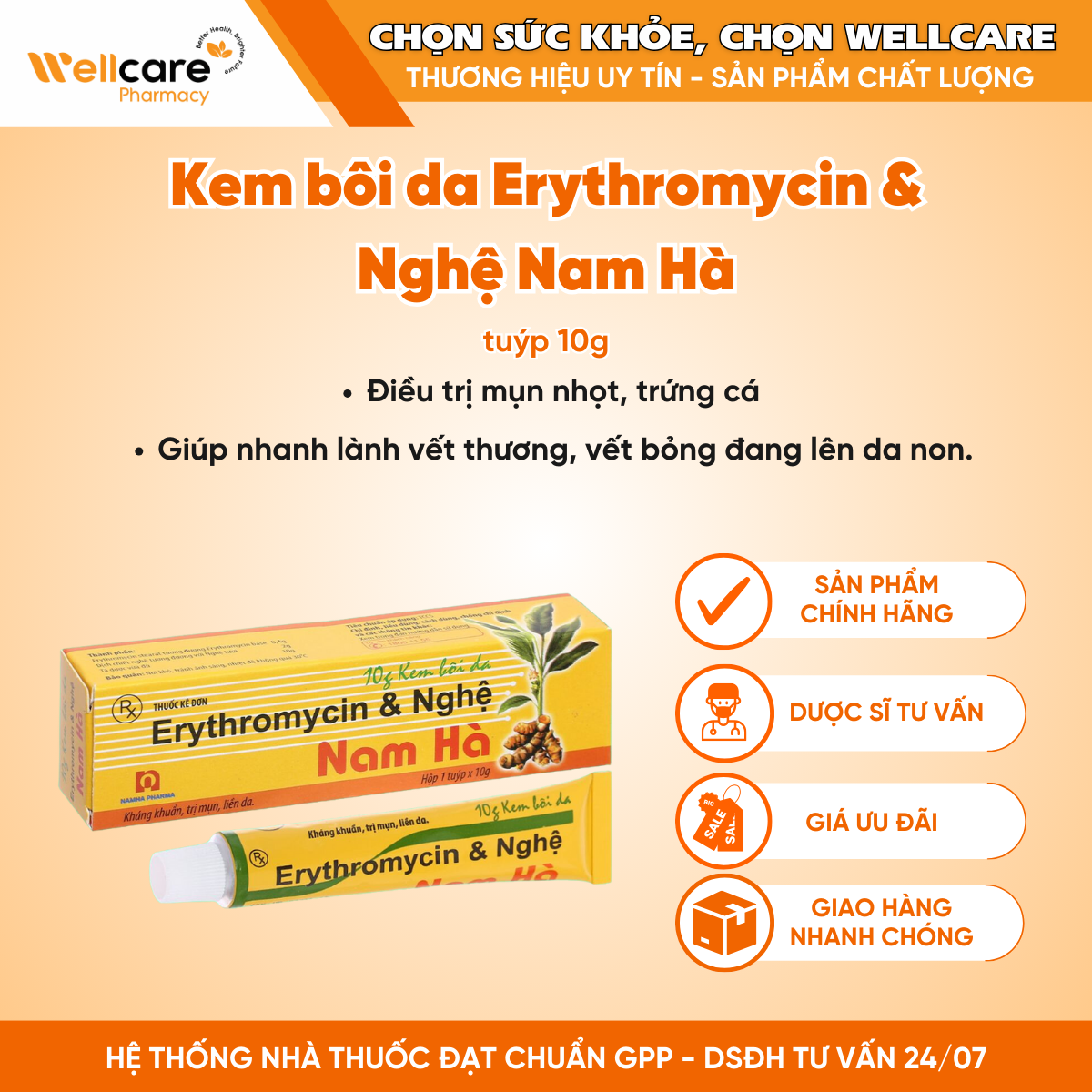 Kem bôi da Erythromycin & Nghệ Nam Hà điều trị mụn nhọt, trứng cá (Tuýp 10g)
