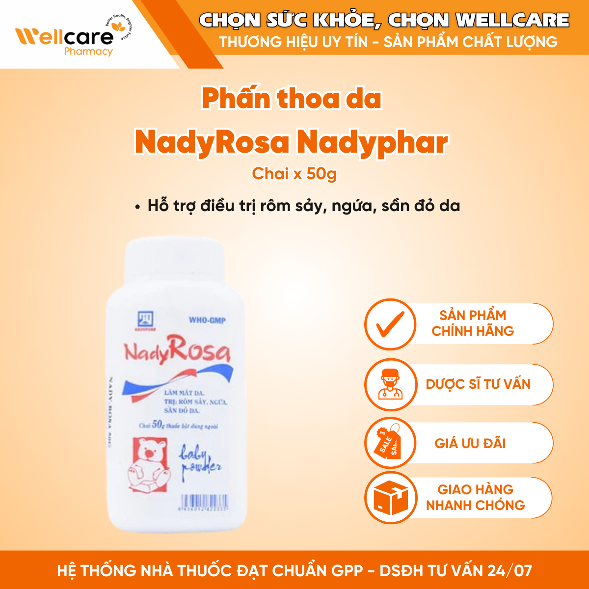 Phấn thoa da NadyRosa Nadyphar – Hỗ trợ điều trị rôm sảy, ngứa (Chai 50g)