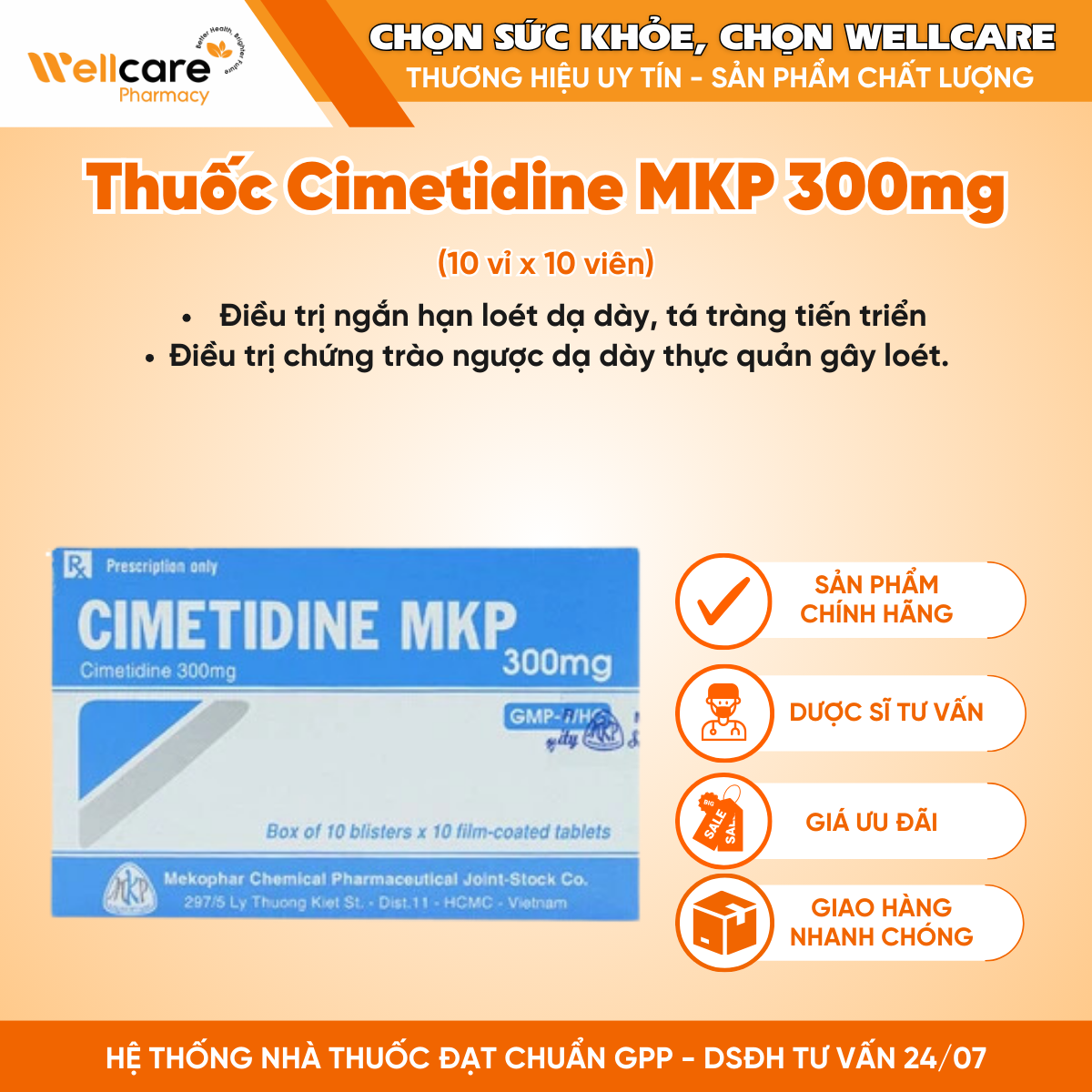 Thuốc Cimetidine MKP 300mg trị loét dạ dày, tá tràng (10 vỉ x 10 viên)