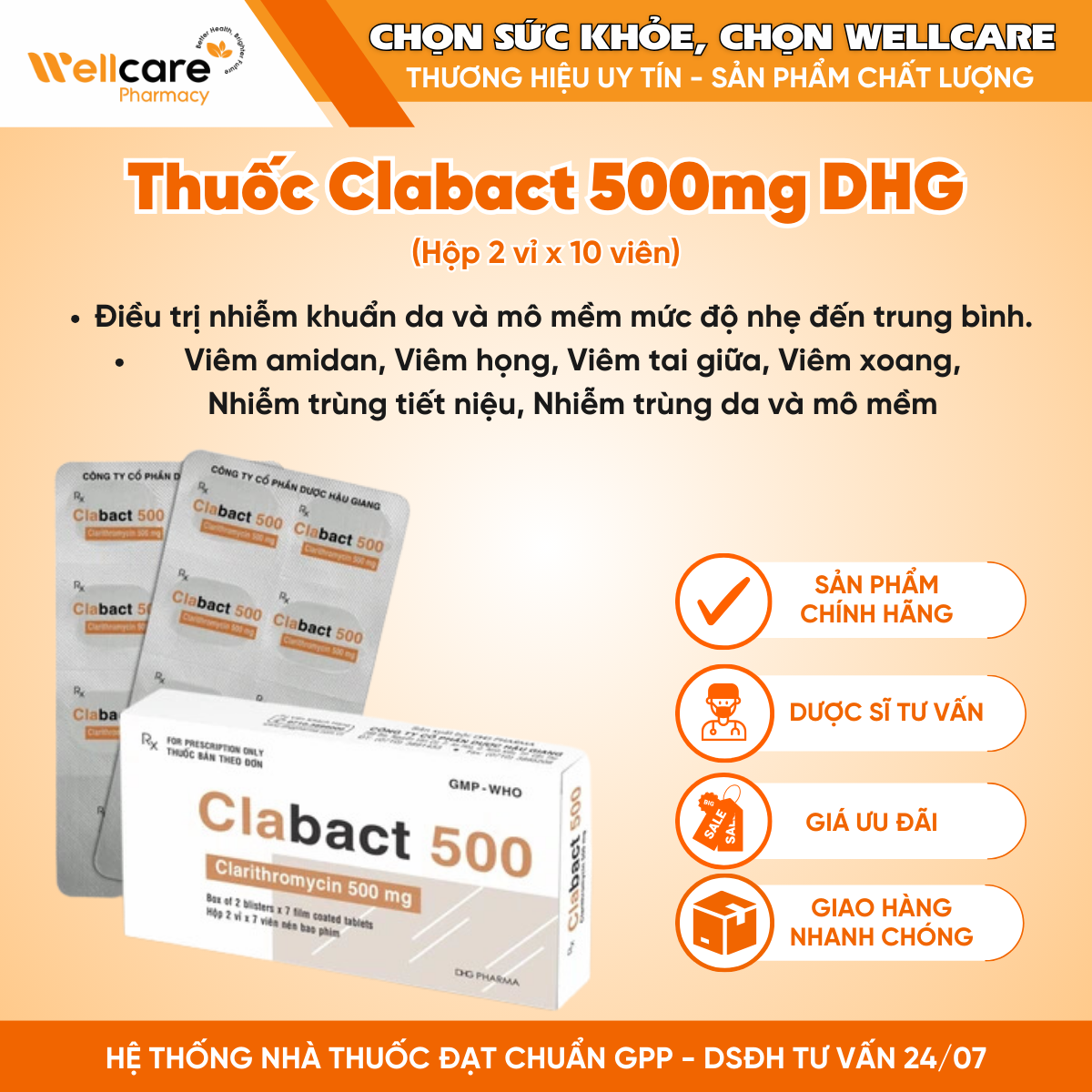 Thuốc Clabact 500mg DHG – Hỗ trợ điều trị nhiễm khuẩn (Hộp 2 vỉ x 10 viên)