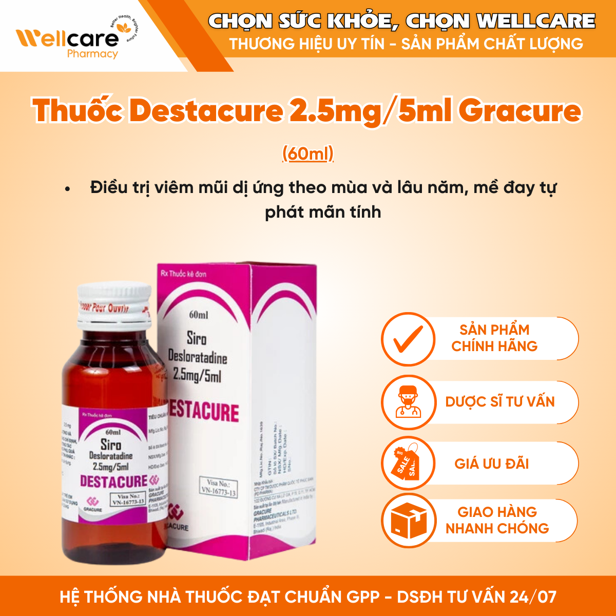 Thuốc Destacure 2.5mg/5ml Gracure – Điều trị viêm mũi dị ứng, mày đay (60ml)