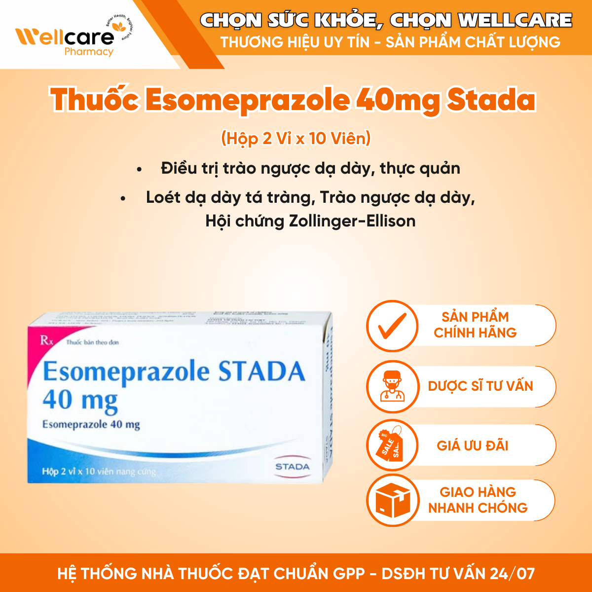 Thuốc Esomeprazole 40mg Stada – Điều trị viêm loét dạ dày, tá tràng (Hộp 2 Vỉ x 10 Viên)