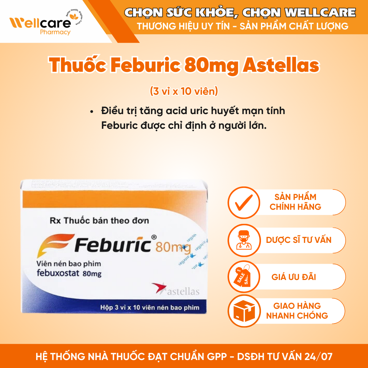 Thuốc Feburic 80mg Astellas – Điều trị tăng acid uric huyết mạn tính (3 vỉ x 10 viên)