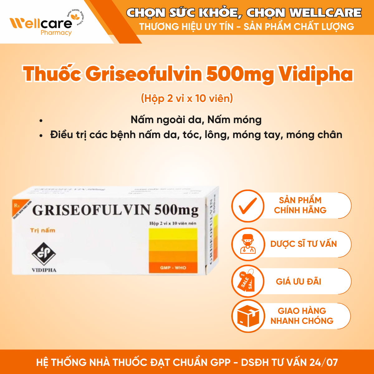 Thuốc Griseofulvin 500mg Vidipha – Điều trị nhiễm trùng nấm da, tóc (Hộp 2 vỉ x 10 viên)