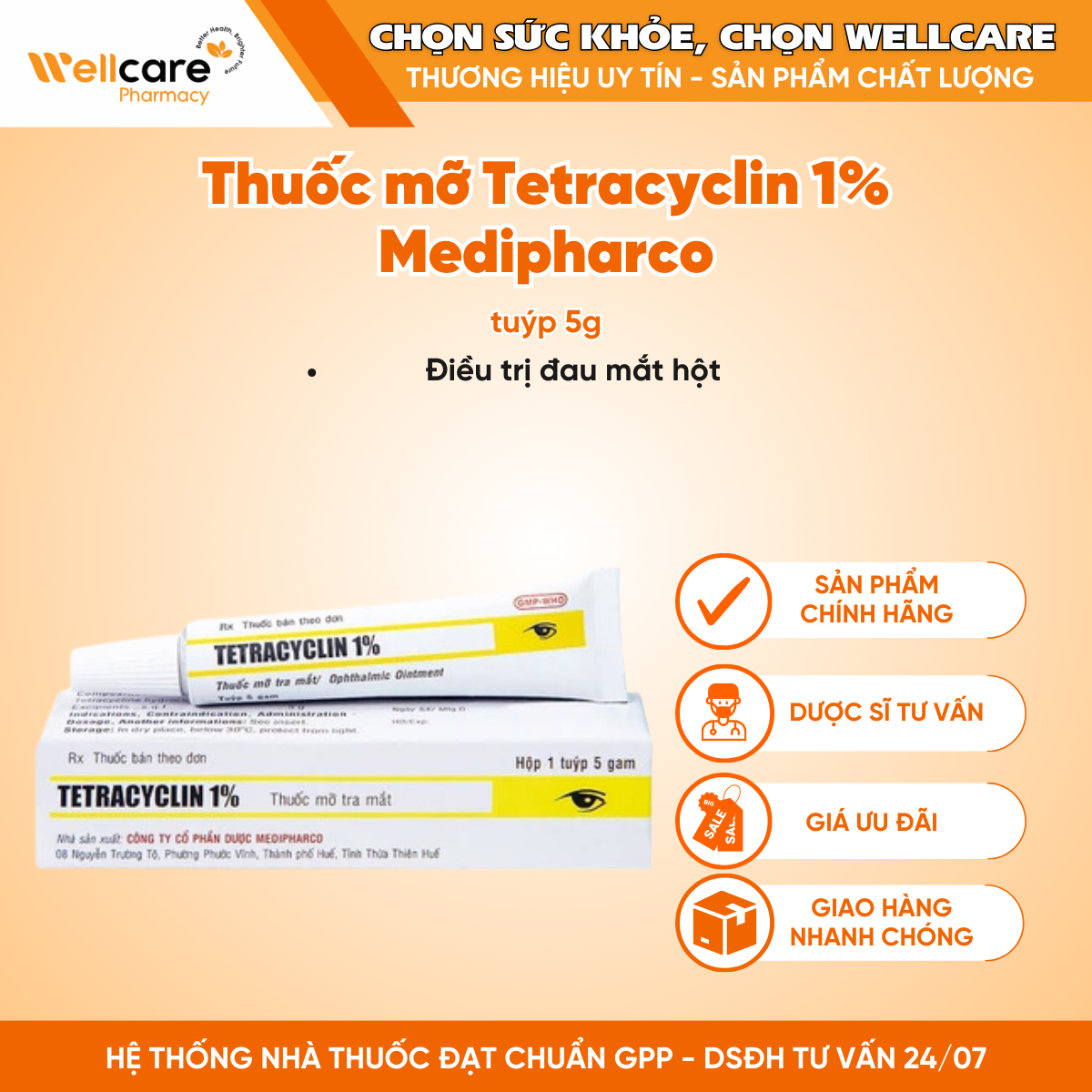 Thuốc mỡ Tetracyclin 1% Medipharco – Điều trị viêm, loét giác mạc (5g)