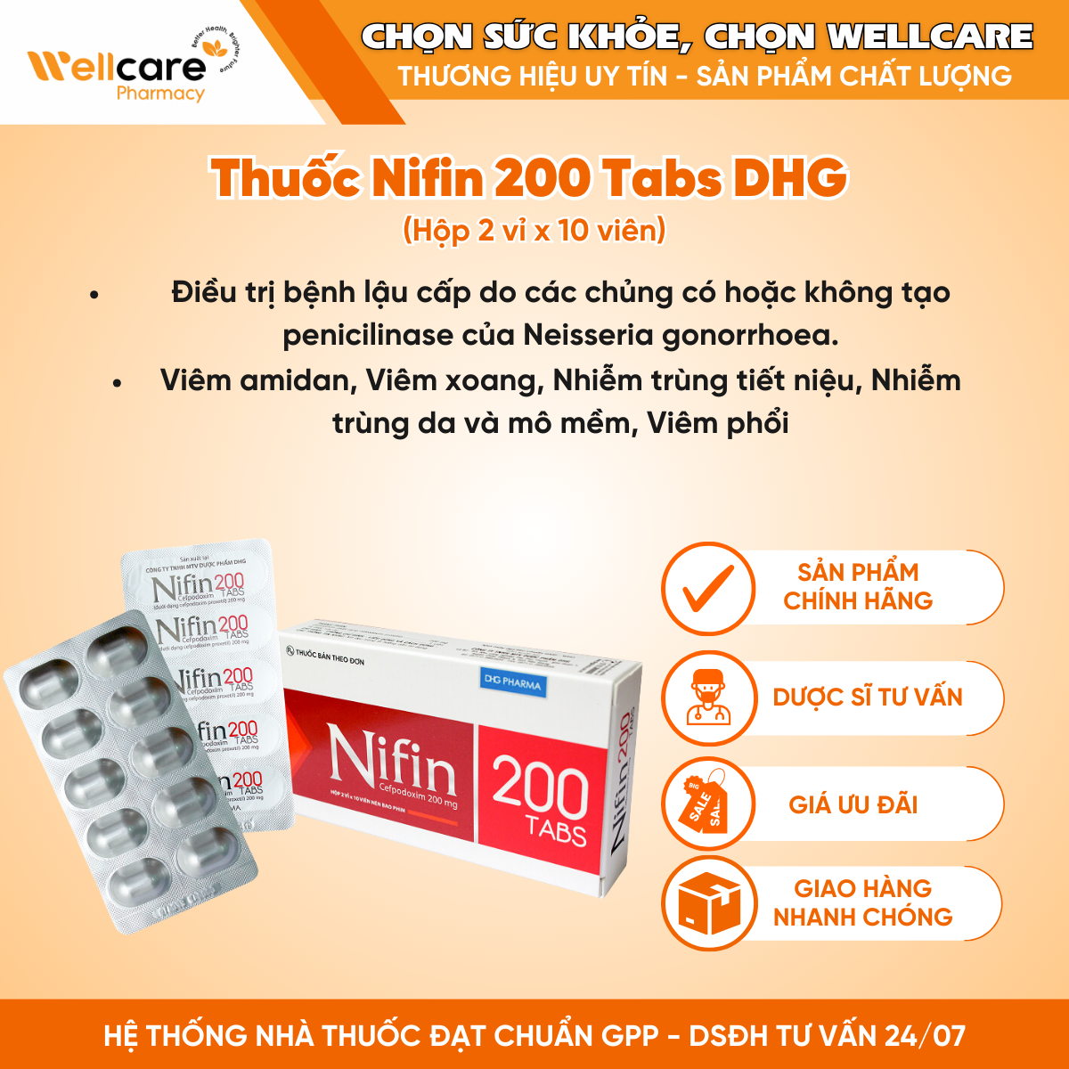 Thuốc Nifin 200 Tabs DHG – Điều trị nhiễm khuẩn đường hô hấp (Hộp 2 vỉ x 10 viên)