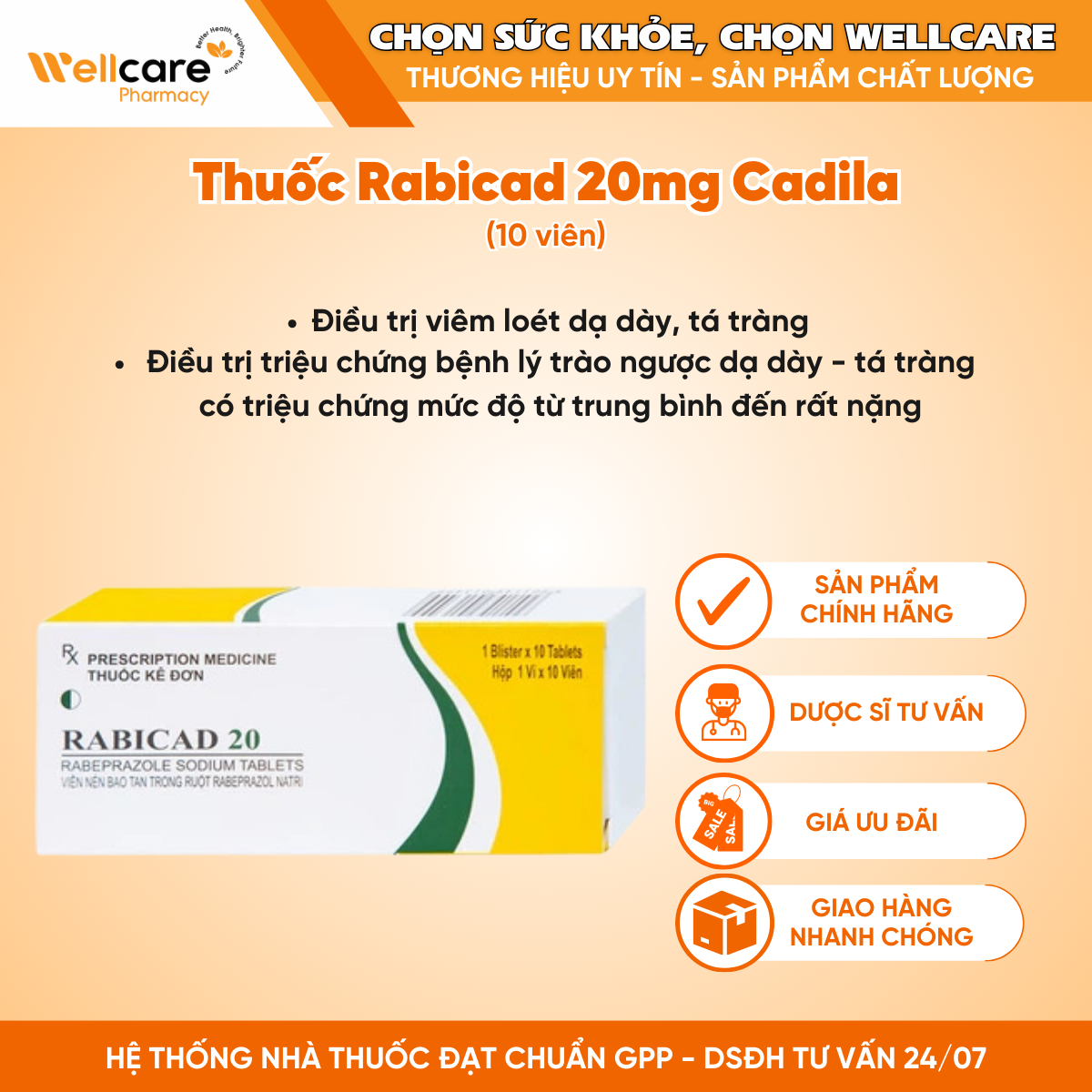 Thuốc Rabicad 20mg Cadila – Điều trị viêm loét dạ dày, tá tràng (10 viên)