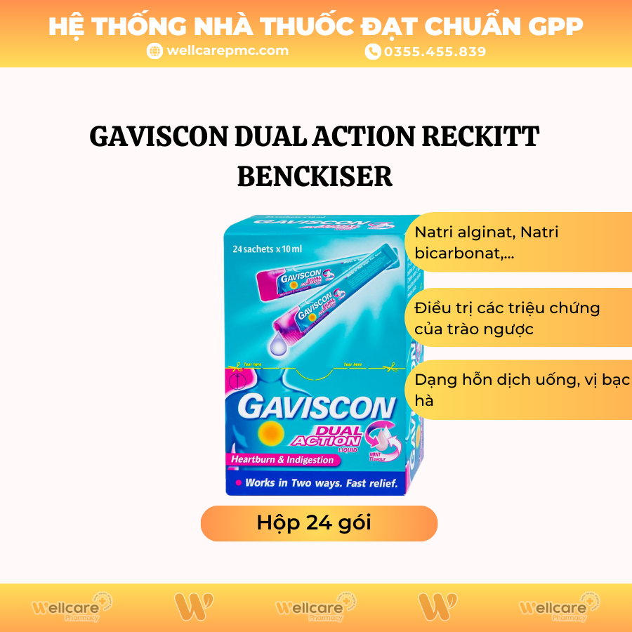 Gaviscon Dual Action Reckitt Benckiser – Trị chứng ợ nóng, ợ chua, khó tiêu (Hộp 24 gói x 10ml)