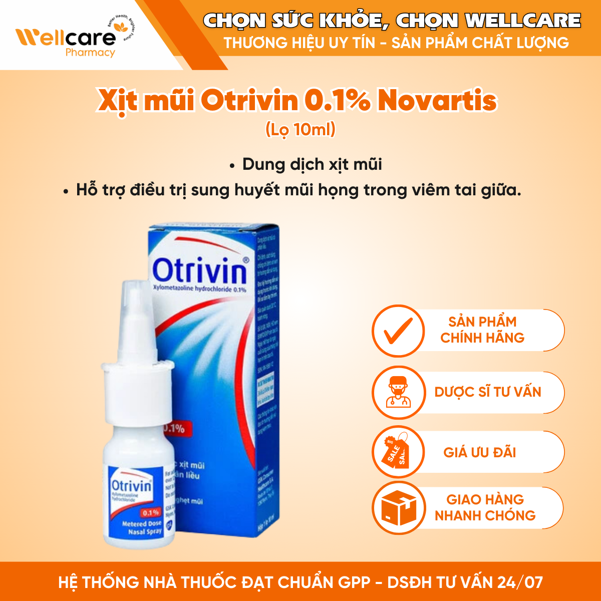 Xịt mũi Otrivin 0.1% Novartis – Điều trị nghẹt mũi, sung huyết mũi (Lọ 10ml)
