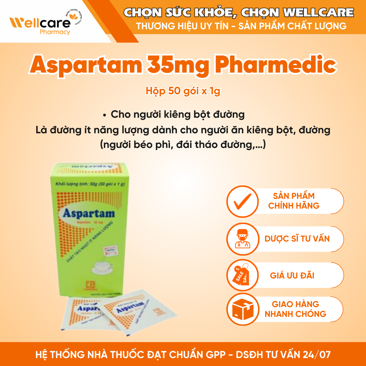 Aspartam 35mg Pharmedic cho người kiêng bột đường (Hộp 50 gói x 1g)