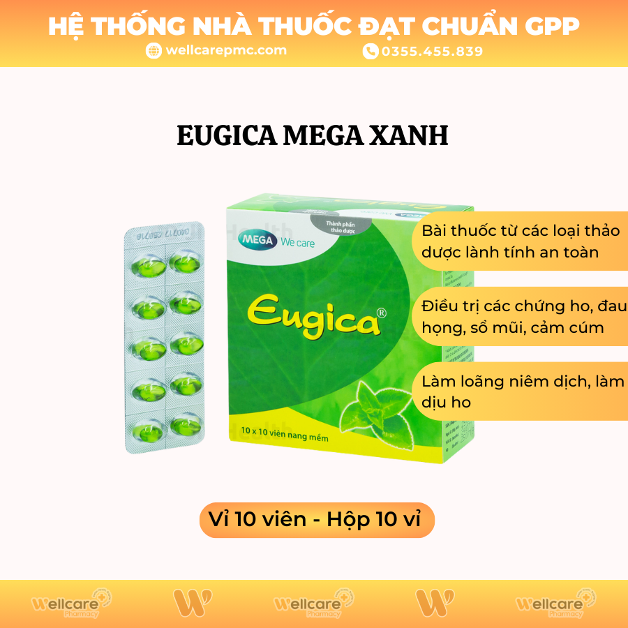 Eugica MEGA xanh – Điều trị ho đờm, cảm cúm, sổ mũi (Hộp 10 vỉ x 10 viên)