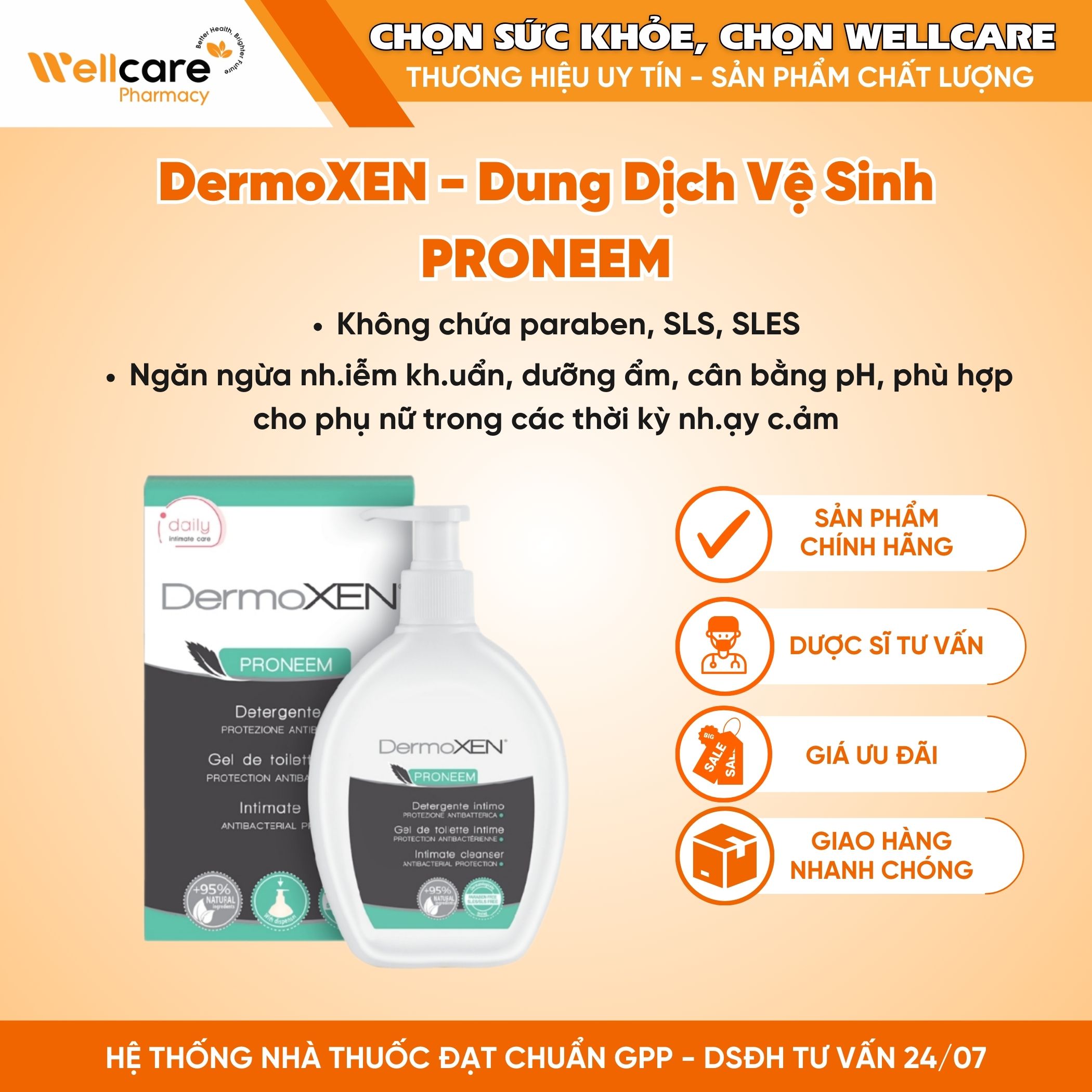 DermoXEN PRONEEM – Dung dịch vệ sinh hằng ngày ngăn ngừa nhiễm khuẩn dành cho phụ nữ (Chai 200ml)