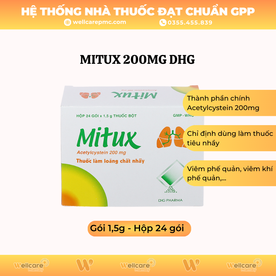 Mitux 200mg DHG – Thuốc làm loãng chất nhầy đường hô hấp (Hộp 24 gói)