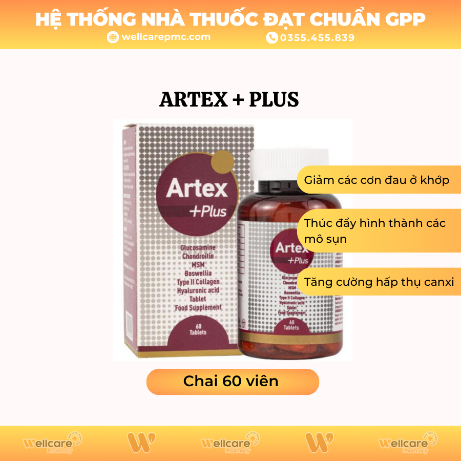 Artex + Plus – Bổ sung chất nhờn cho khớp, tăng cường hấp thụ canxi (Chai 60 viên)