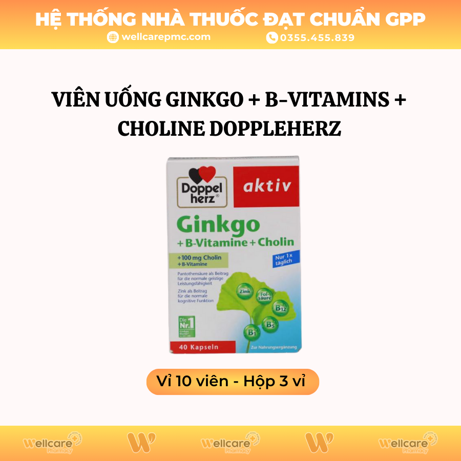 Viên uống Ginkgo + B-Vitamins + Choline Doppleherz – Hỗ trợ tăng cường tuần hoàn não (Hộp 3 vỉ x 10 viên)