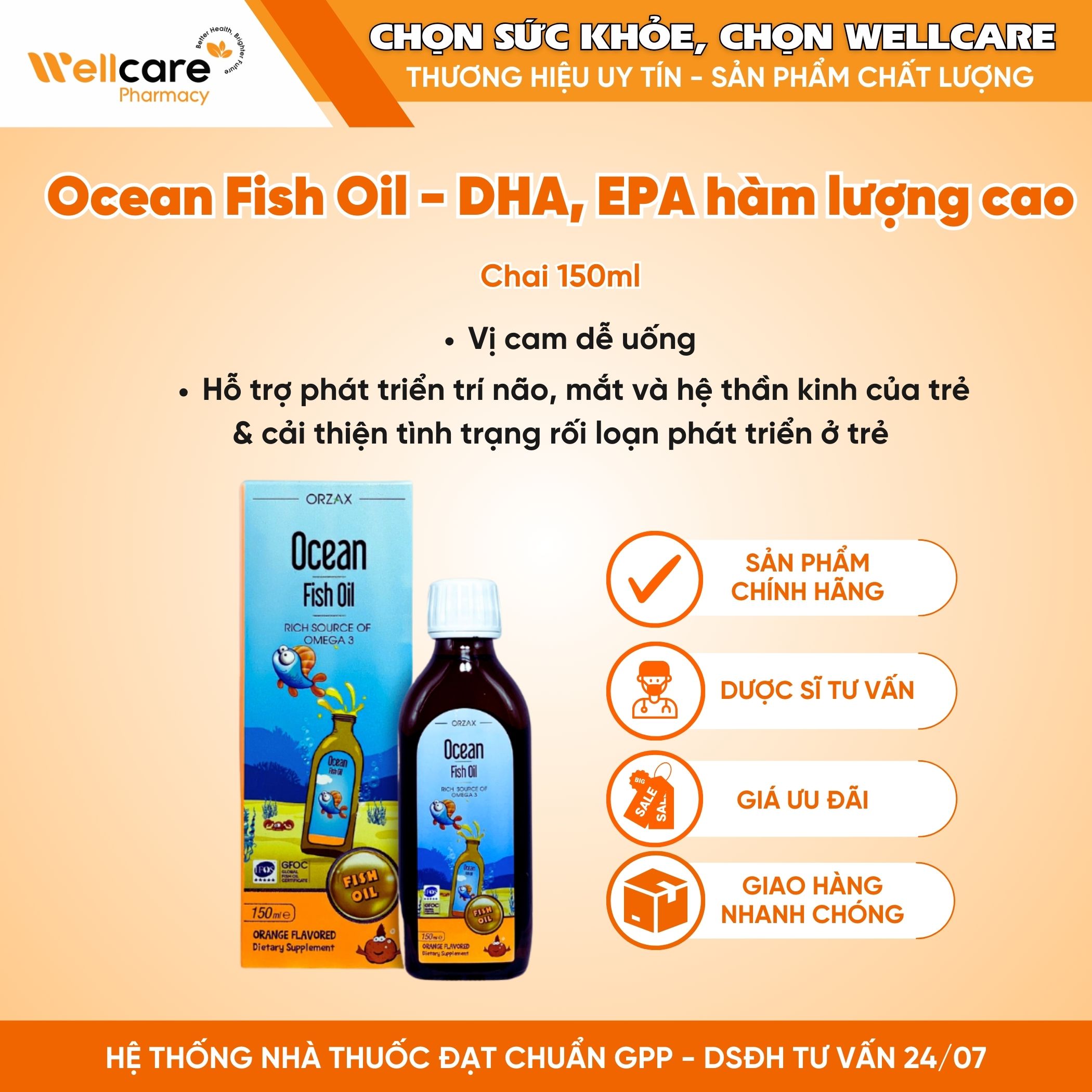 Ocean Fish Oil Orange Flavored – Hỗ trợ phát triển trí não và thị giác của trẻ (Chai 150ml)