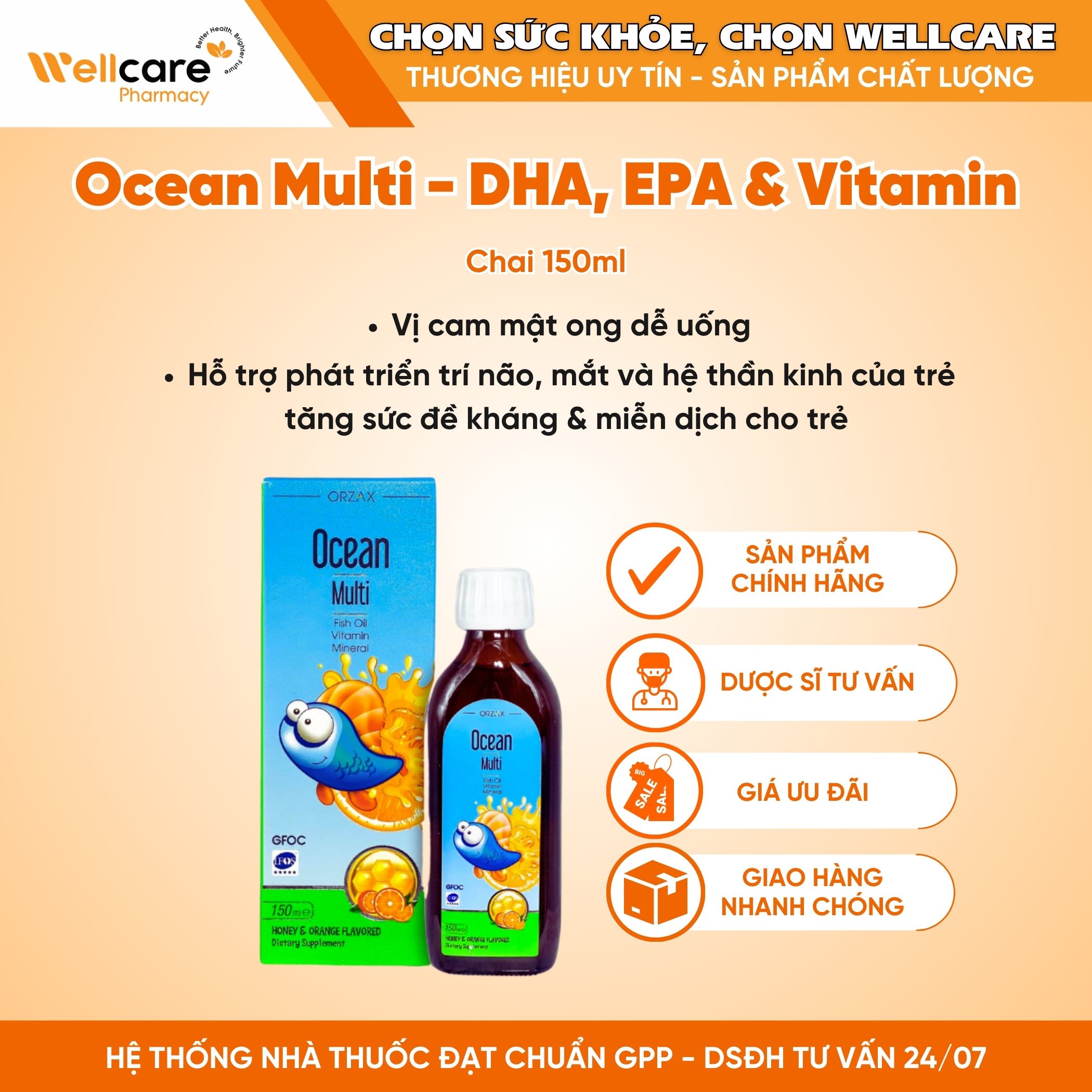 Ocean Multi Fish Oil Vitamin Mineral – Hỗ trợ phát triển trí não và thị giác của trẻ  (Chai 150ml)
