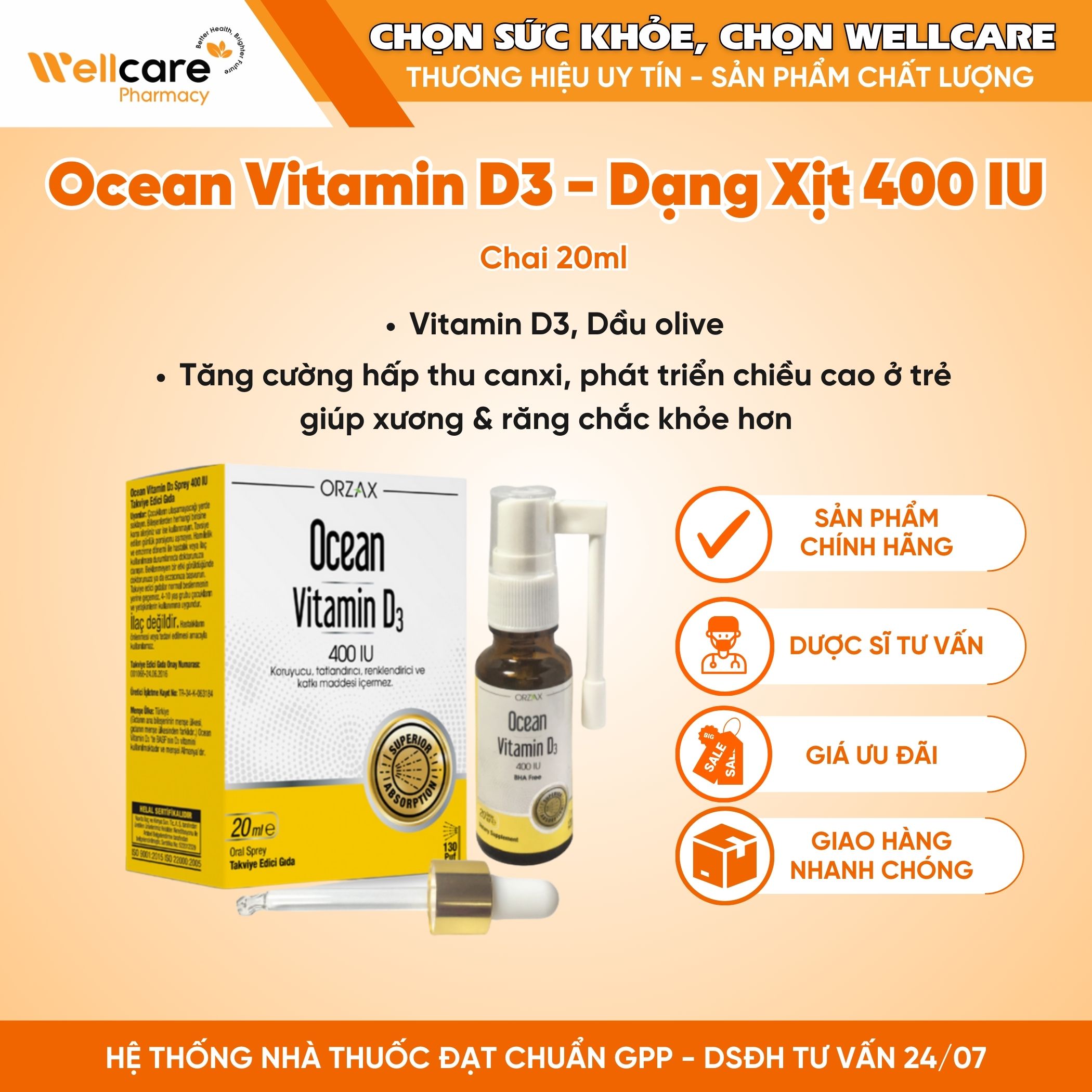Ocean Vitamin D3 400IU – Tăng cường hấp thu Canxi, hỗ trợ hình thành và phát triển xương (Lọ 20ml)