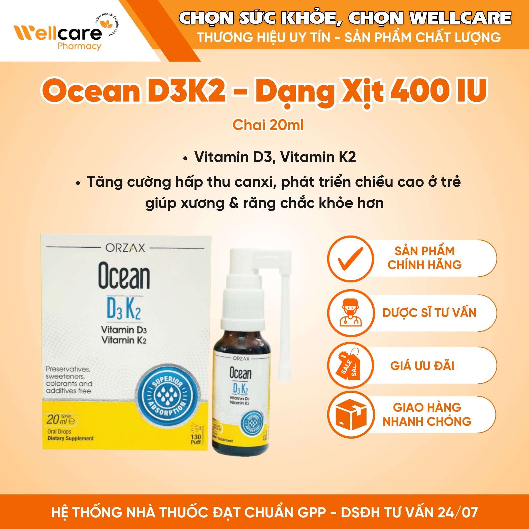 Ocean D3K2 dạng xịt/nhỏ giọt – Bổ sung vitamin giúp xương và răng chắc khỏe (Lọ 20ml)