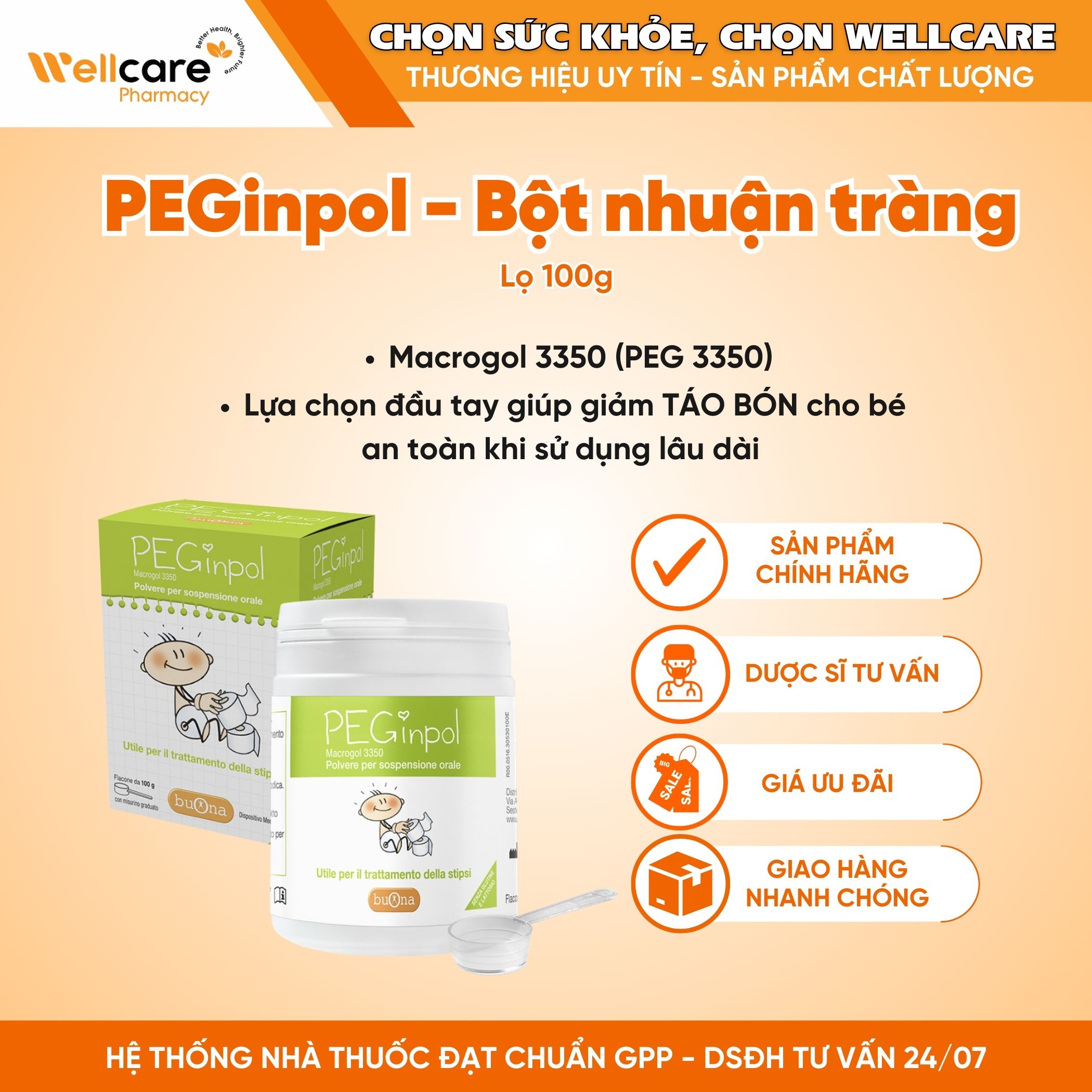 PEGinpol Buona – Bột pha hỗn dịch nhuận tràng cải thiện tình trạng táo bón cho trẻ ( Lọ 100g)
