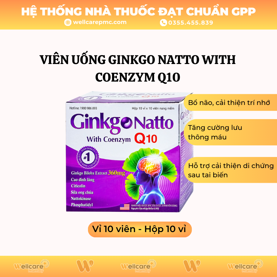 Viên uống Ginkgo Natto With Coenzym Q10 360mg USA giúp tăng cường lưu thông máu