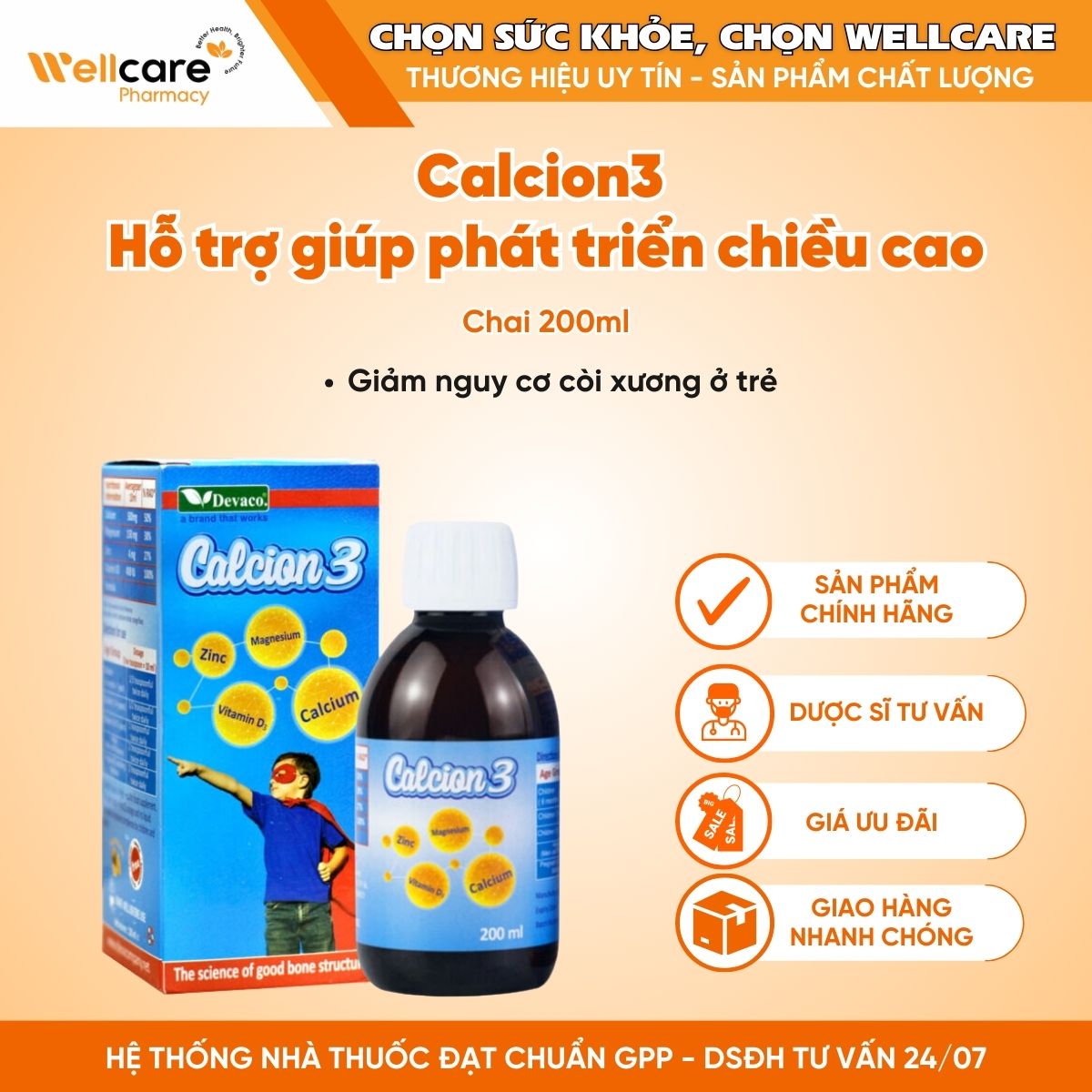 Calcion3 – Hỗ trợ giúp phát triển chiều cao, giảm nguy cơ còi xương ở trẻ (Chai 200ml)
