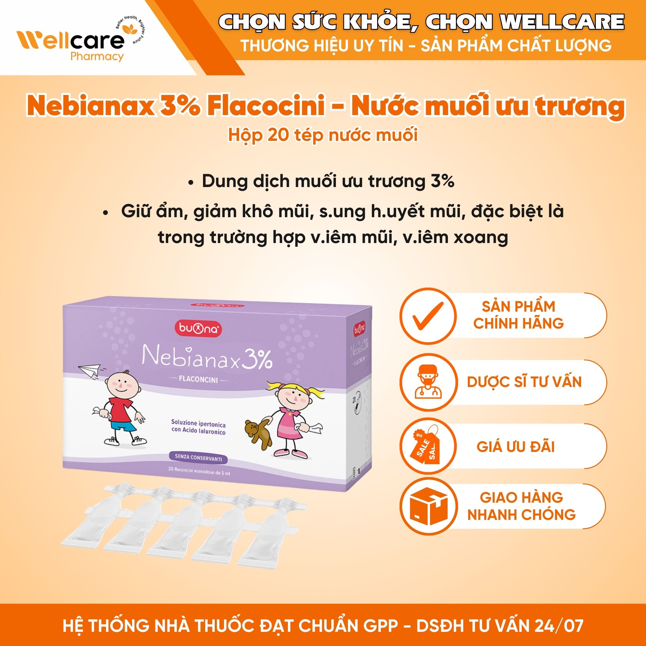 Buona Nebial/Nebianax 3% Flaconcini – Dung dịch nhỏ mũi giữ ẩm và làm sạch mũi (Hộp 20 ống x 5ml)