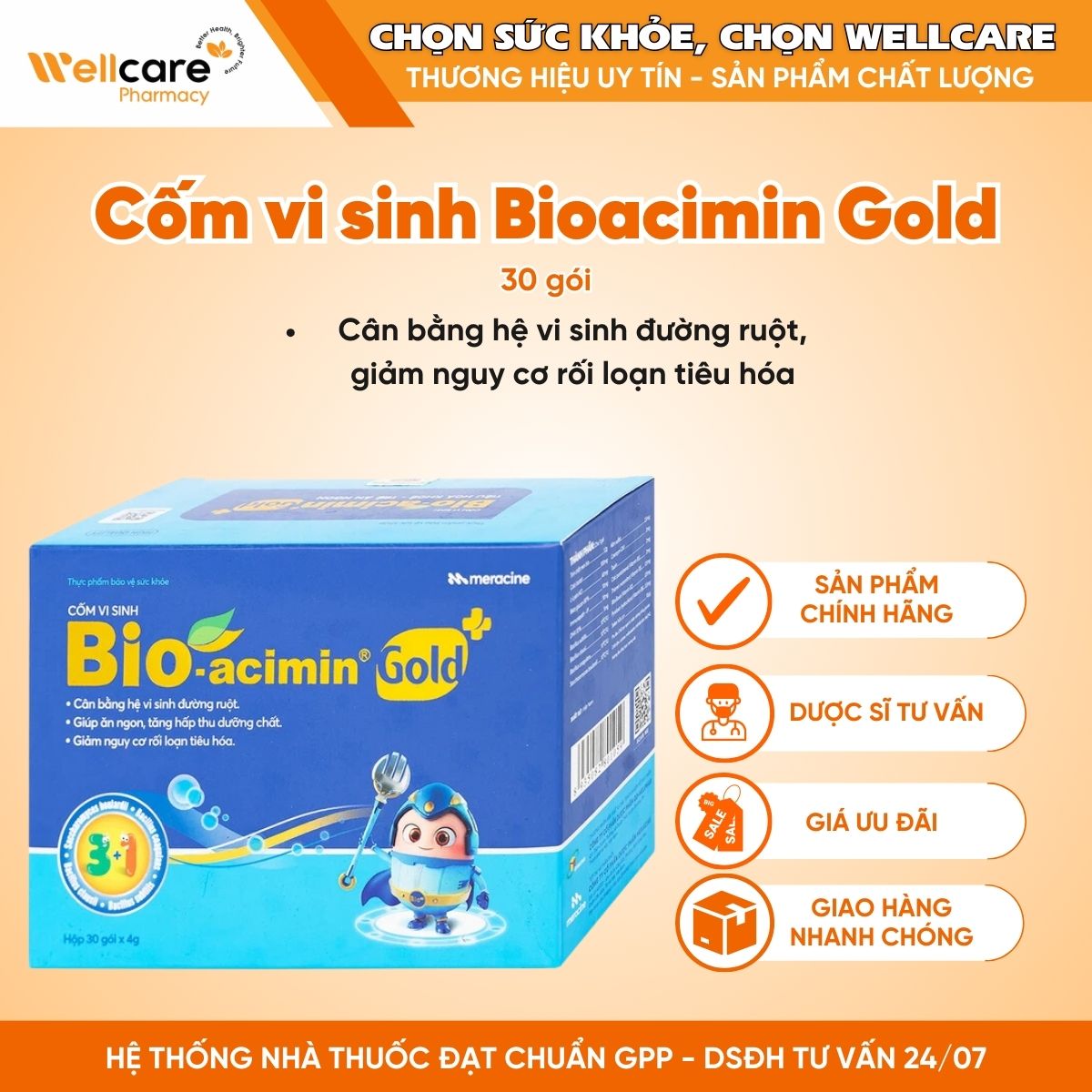 Cốm vi sinh Bioacimin Gold bổ sung lợi khuẩn, cân bằng hệ vi sinh đường ruột QD-Meliphar (Hộp 30 gói x 4g)