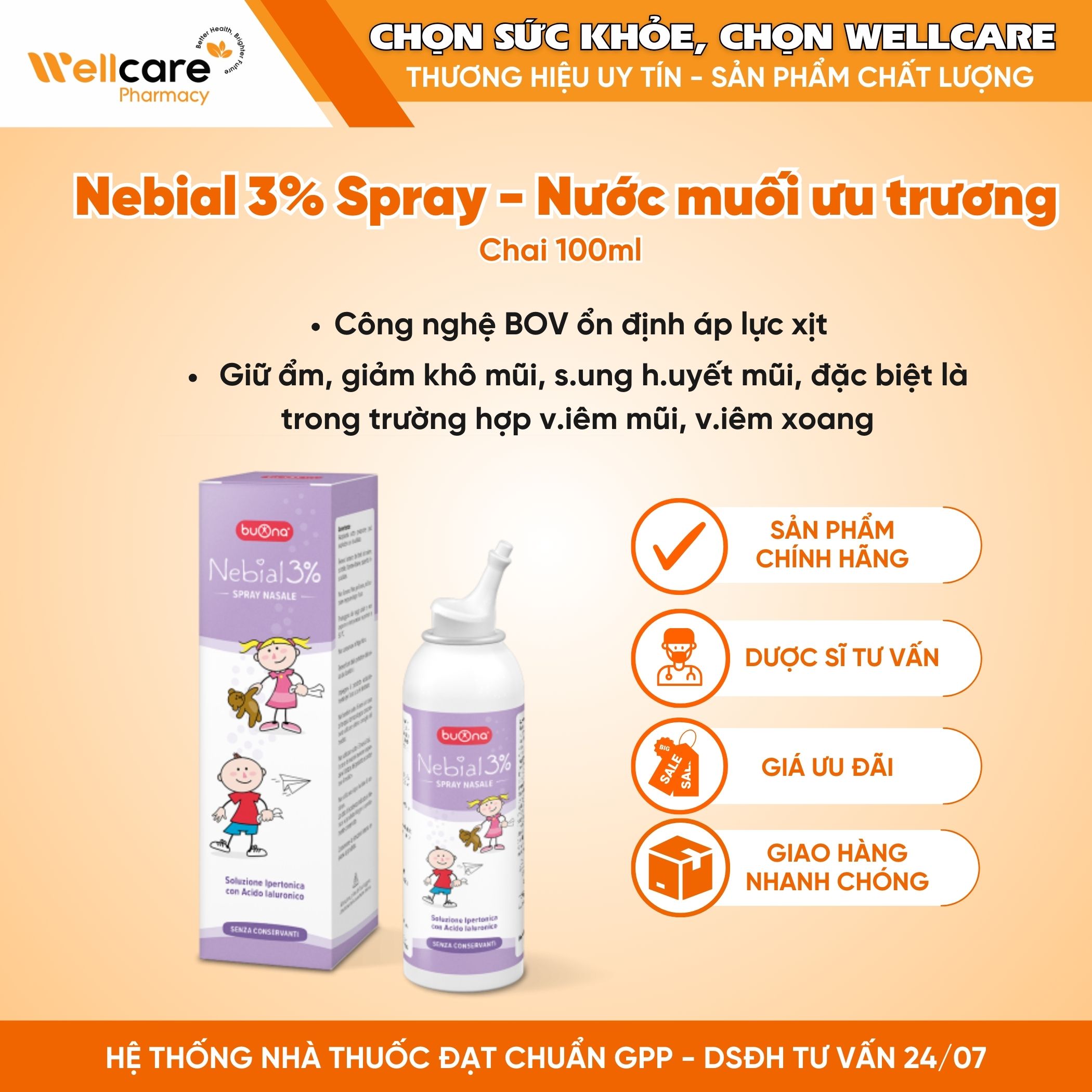 Buona Nebial/Nebianax 3% Spray – Bình xịt mũi dung dịch ưu trương giữ ẩm và làm sạch mũi