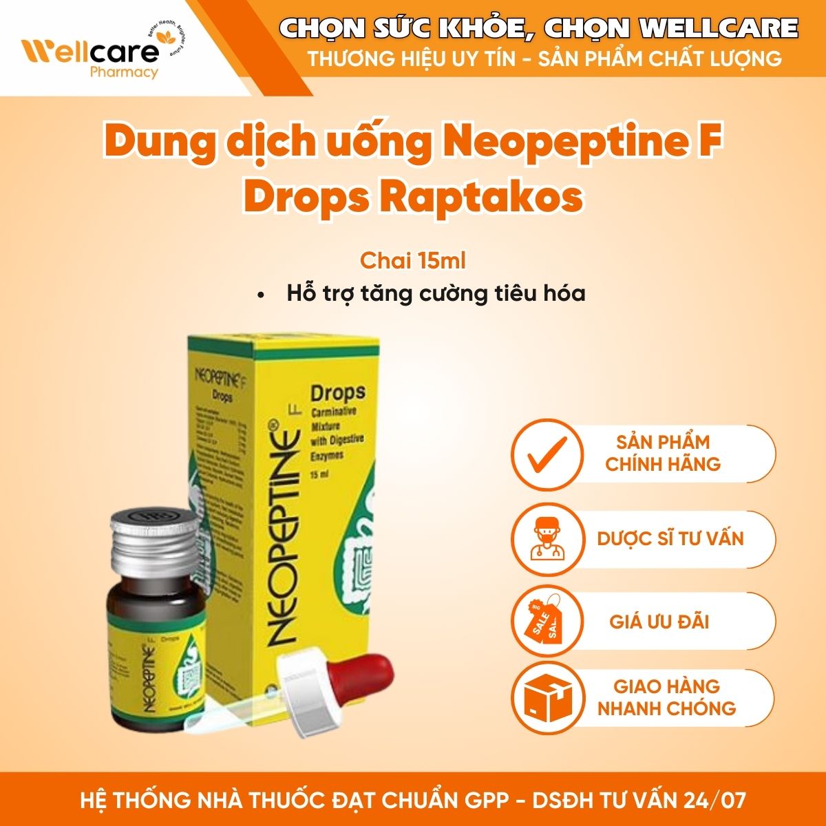 Dung dịch uống Neopeptine F Drops Raptakos – Hỗ trợ tăng cường tiêu hóa (Chai 15ml)