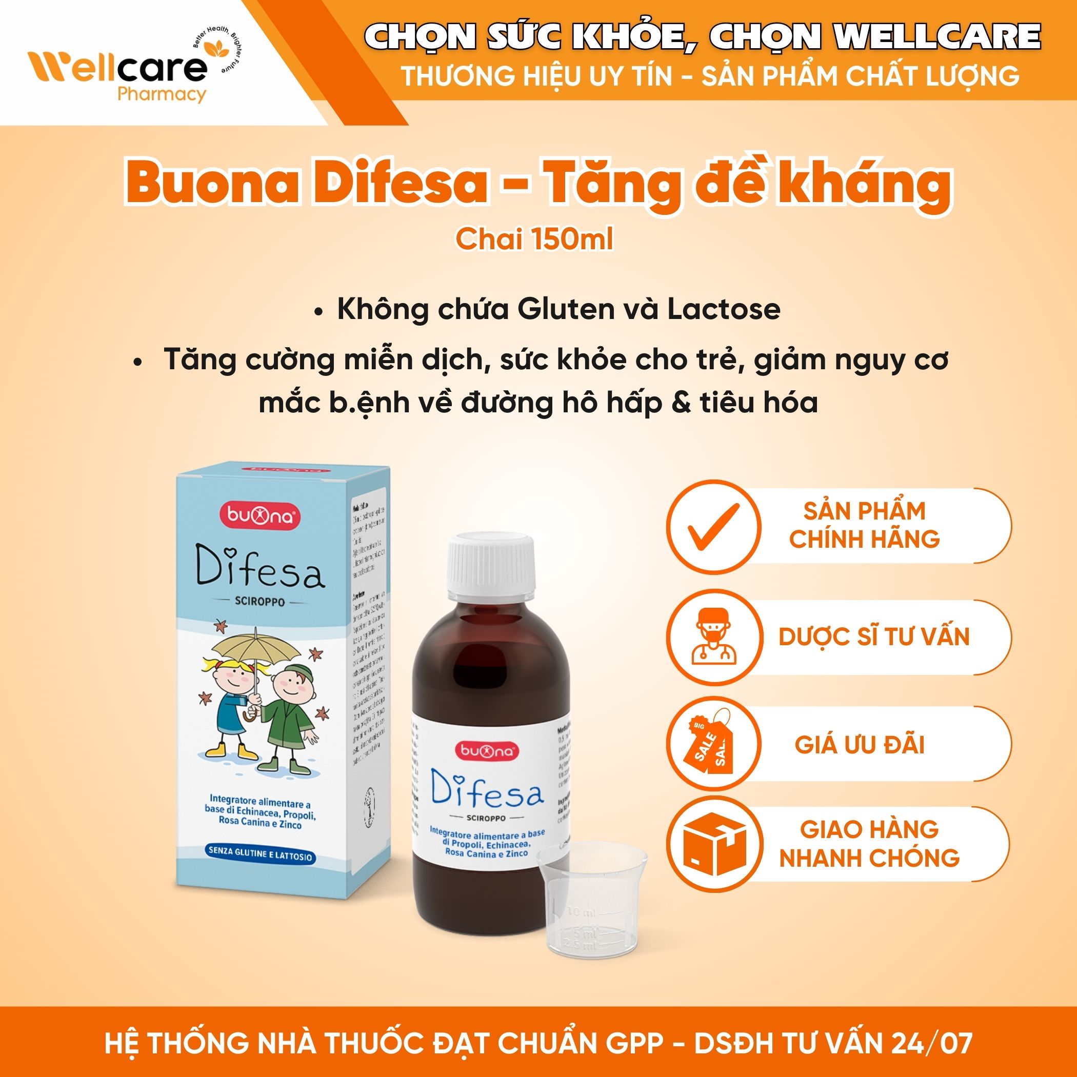 Difesa sciroppo Buona – Siro tăng đề kháng hô hấp đa tác động cho trẻ (Chai 150 ml)