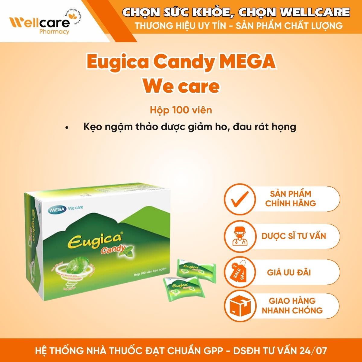 Eugica Candy MEGA We care – Kẹo ngậm thảo dược giảm ho, đau rát họng (Hộp 100 viên)
