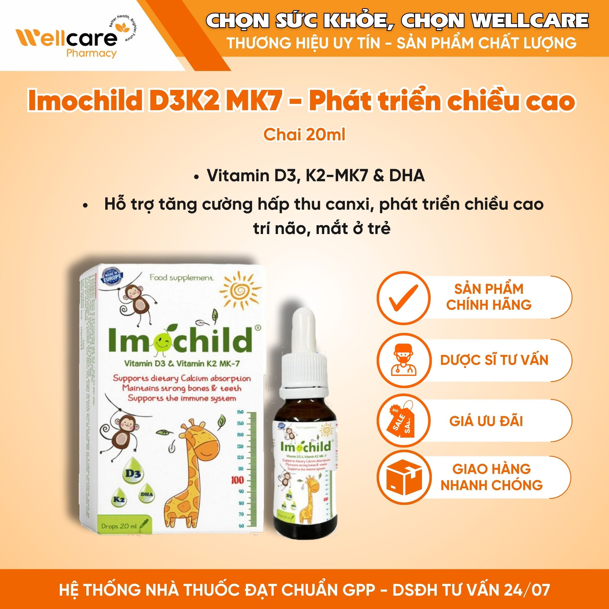 Imochild D3K2, DHA – Giúp trẻ hấp thu canxi, phát triển hệ xương răng chắc khỏe (Chai 20ml)