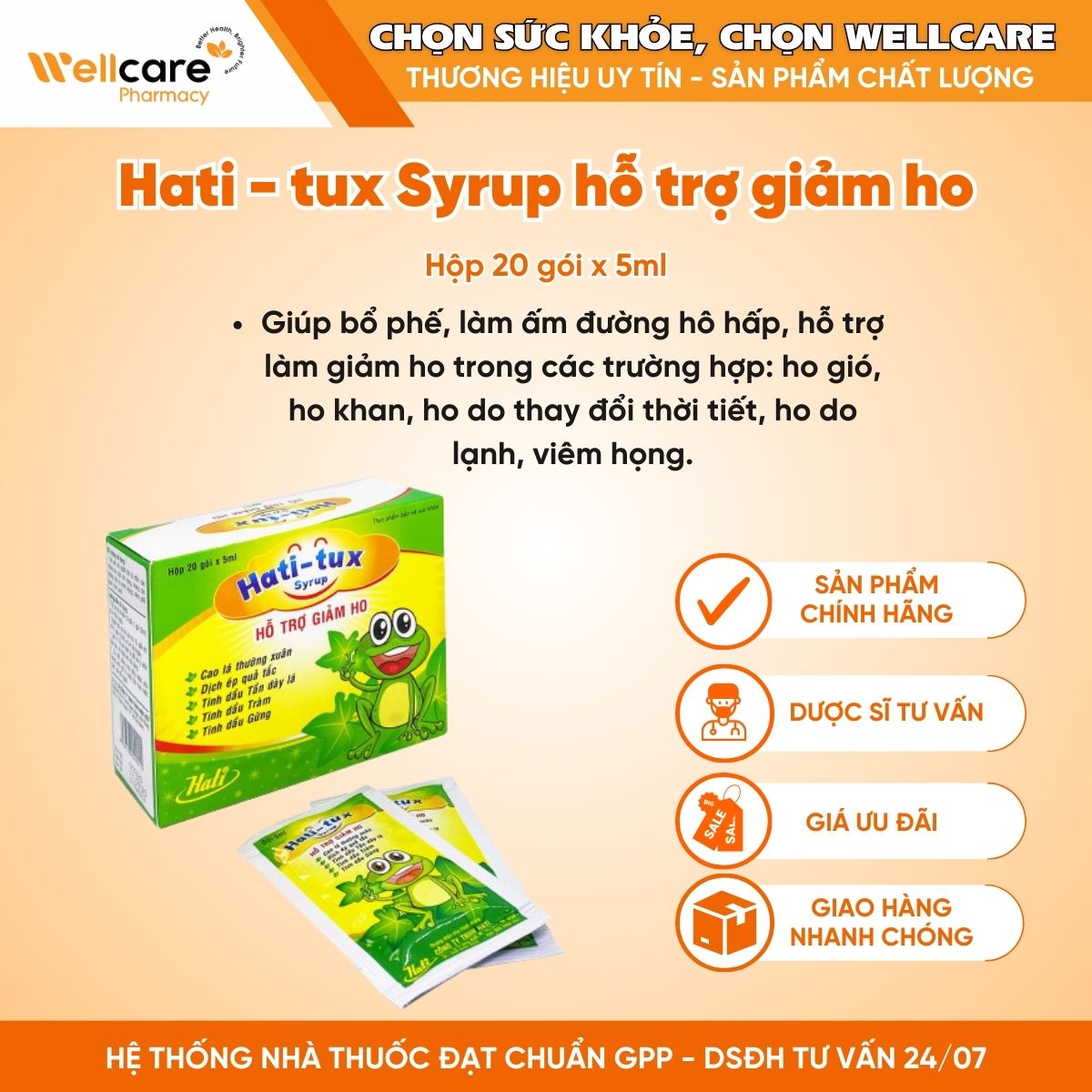 Hati – tux Syrup hỗ trợ giảm ho (Hộp 20 gói x 5ml)