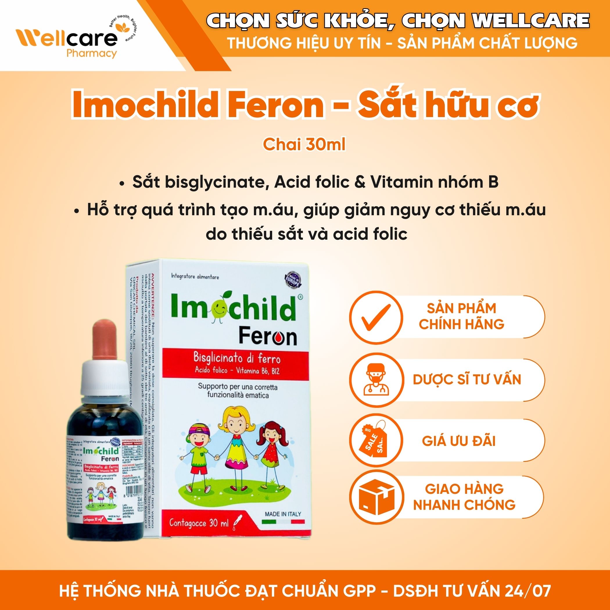 Imochild Feron – Bổ sung sắt, acid folic và các vitamin nhóm B cho trẻ em và người lớn, giảm nguy cơ thiếu máu (Chai 30ml)