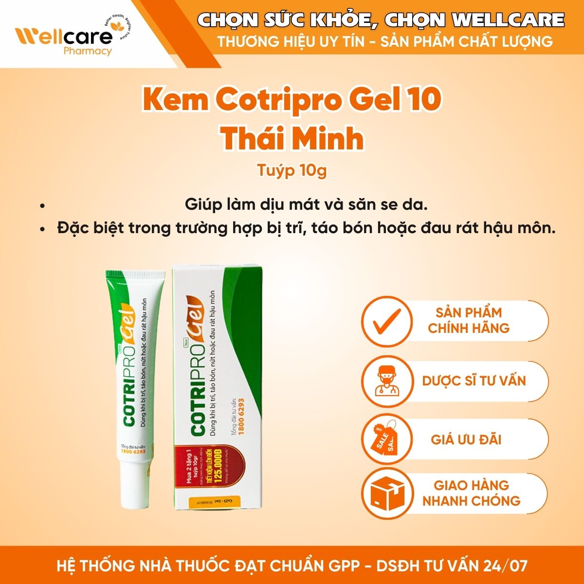 Kem Cotripro Gel 10 Thái Minh – Hỗ trợ cho người bị trĩ, táo bón, nứt hoặc đau rát hậu môn (Tuýp 10g)