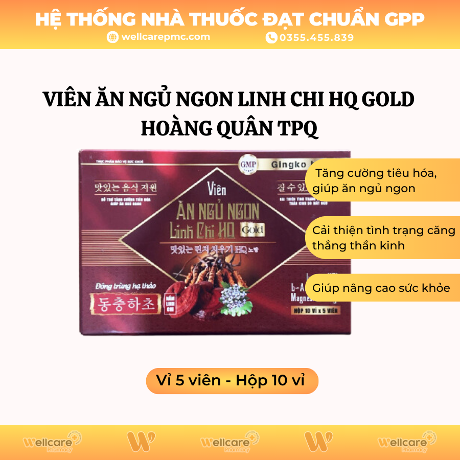 Viên Ăn Ngủ Ngon Linh Chi HQ Gold Hoàng Quân TPQ (Hộp 10 vỉ x 5 viên)