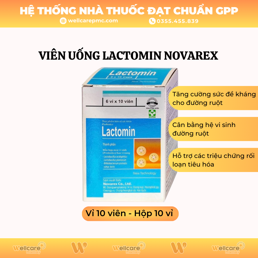 Viên uống Lactomin Novarex – Bổ sung vi khuẩn có ích, giúp cân bằng hệ vi sinh đường ruột (Hộp 6 vỉ x 10 viên)
