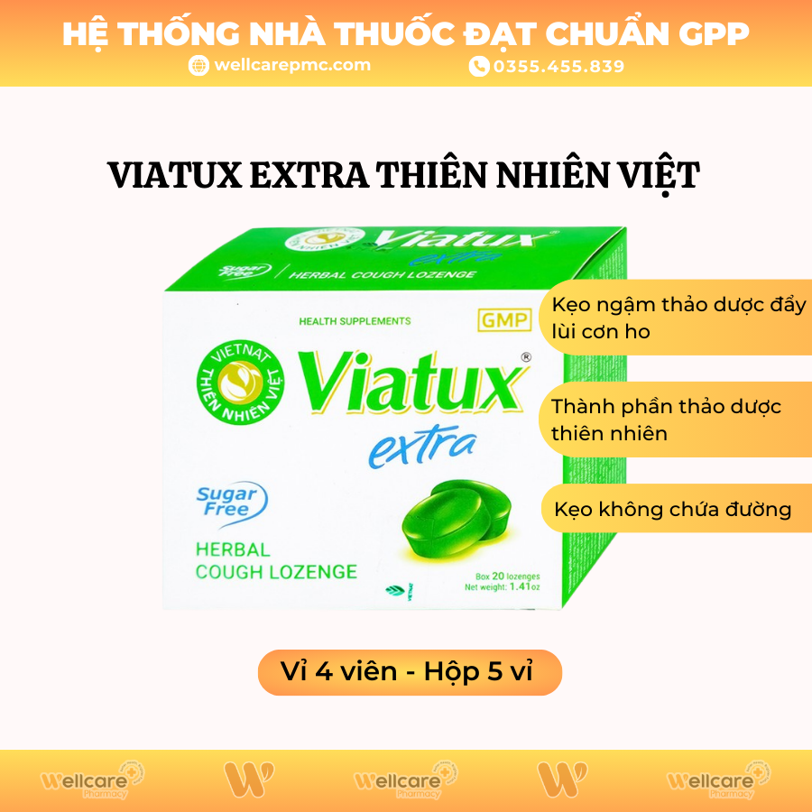 Viatux Extra Thiên Nhiên Việt – Viên ngậm ho thảo mộc không đường (Hộp 5 vỉ x 4 viên)