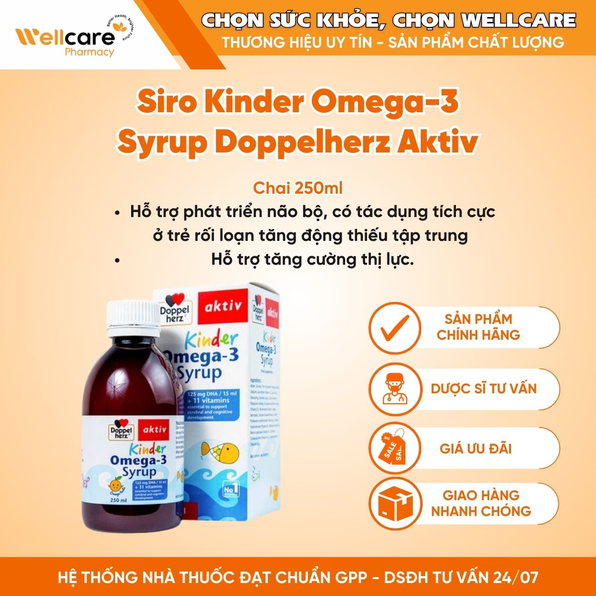 Siro Kinder Omega-3 Syrup Doppelherz Aktiv – Hỗ trợ phát triển não bộ (Chai 250ml)