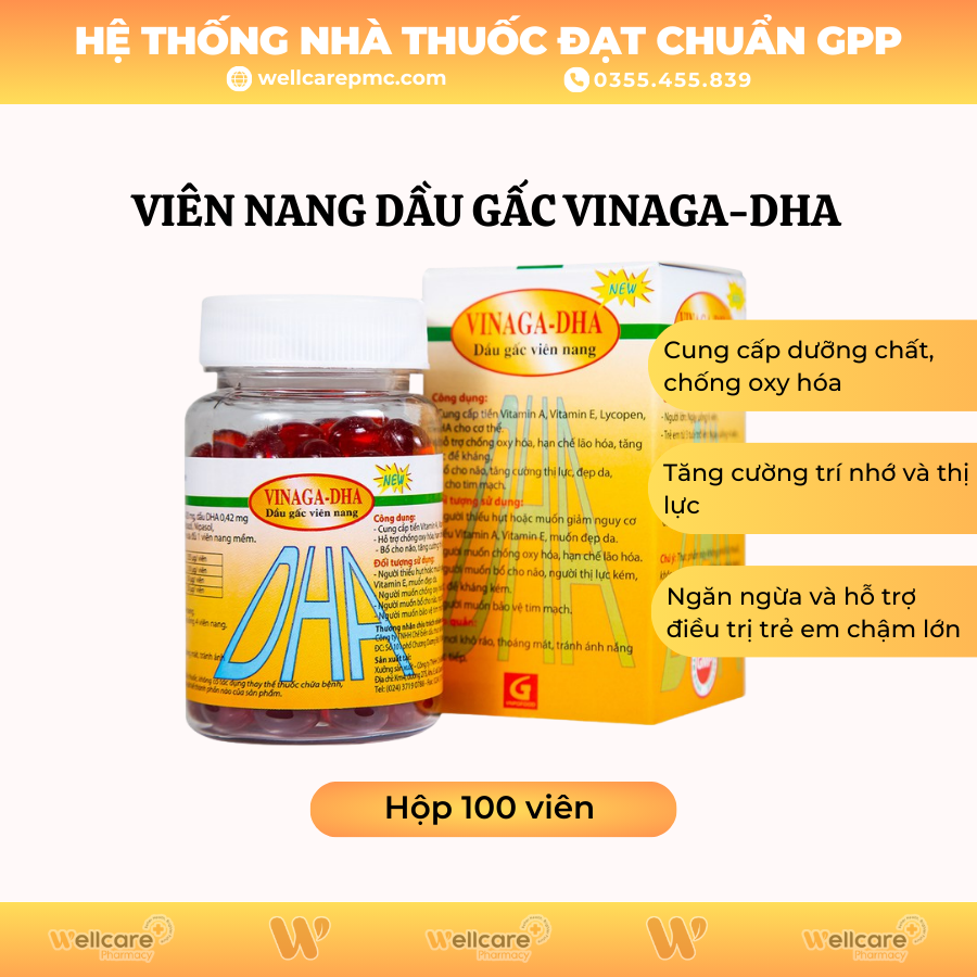Viên nang Dầu gấc Vinaga-DHA cung cấp tiền Vitamin A, Vitamin E, Lycopen, DHA cho cơ thể (Hộp 100 viên)